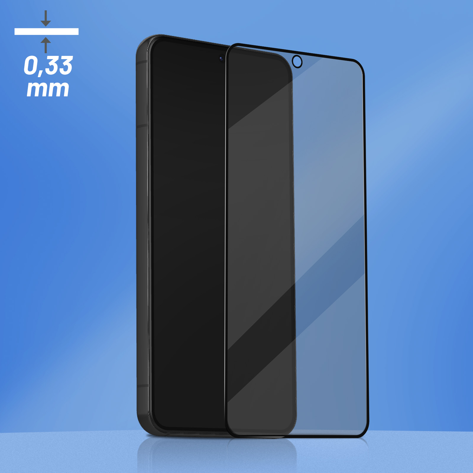 Zwarte schermbeschermer en telefoon op blauwe achtergrond. Tekst geeft 0,33 mm dikte aan.