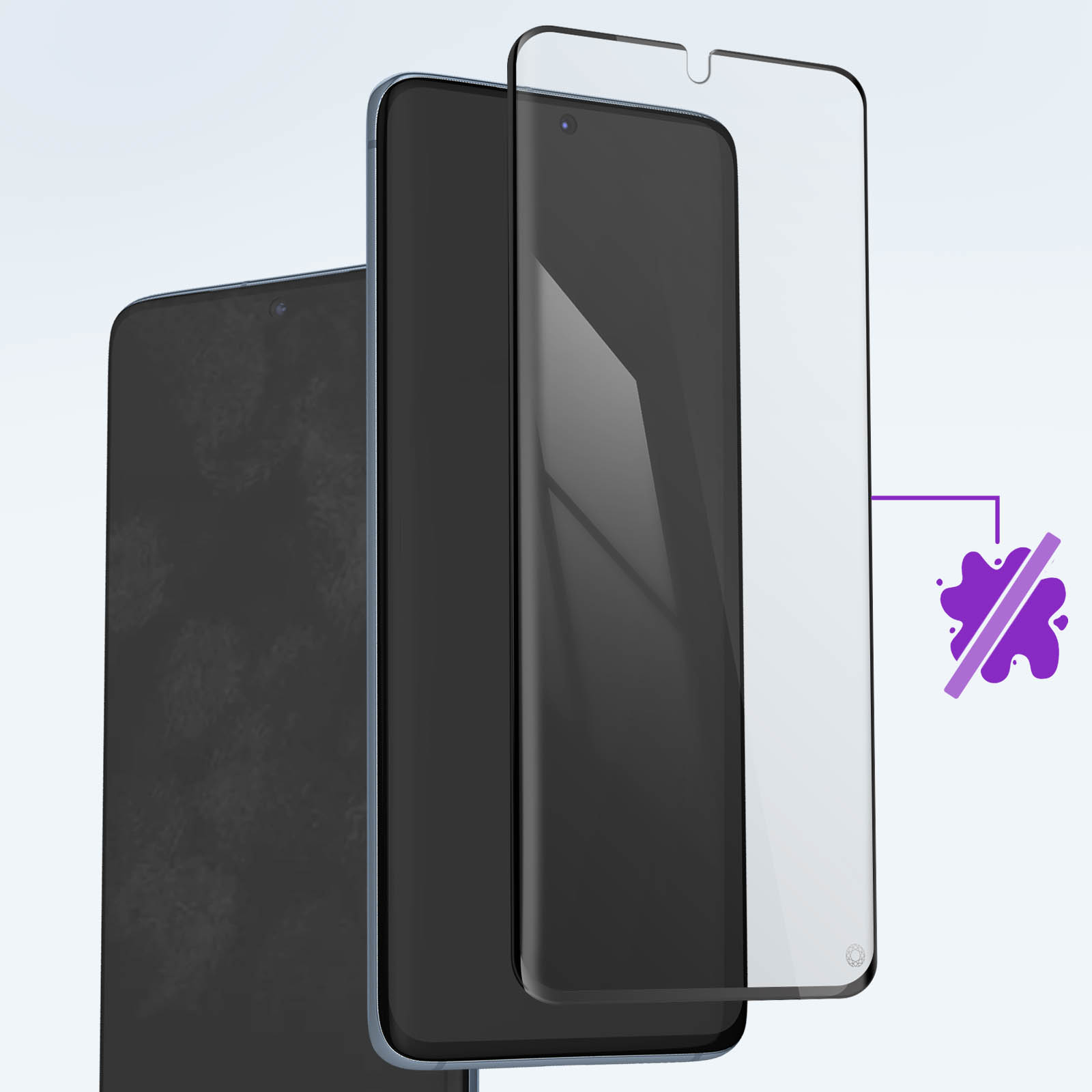 Tre telefoni, una protezione schermo e un'icona anti-impronte digitali sono visualizzati.
