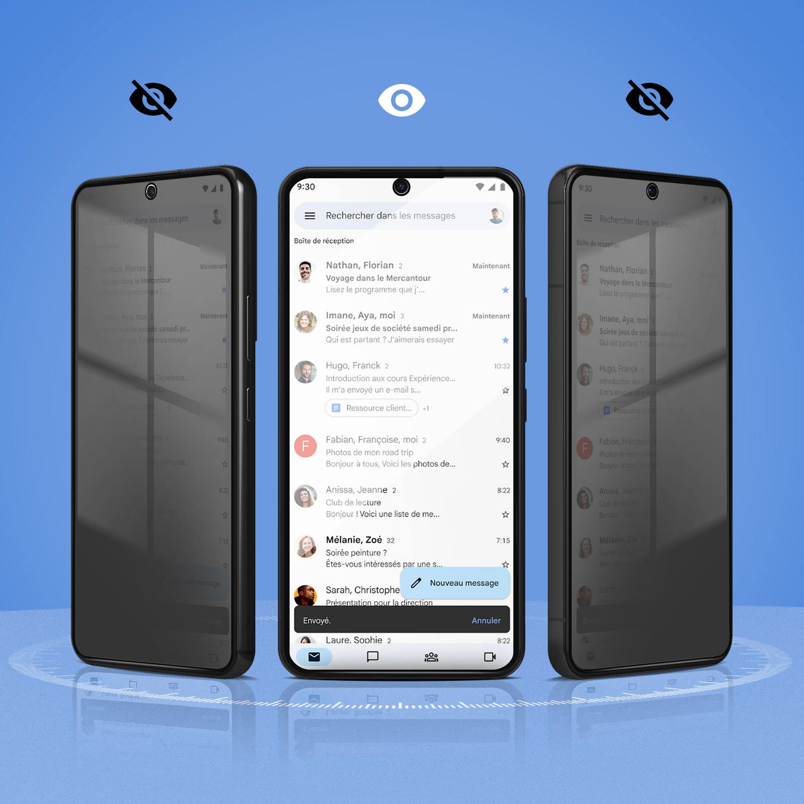 Drie telefoons met schermen van een messaging-app, de middelste in focus, omringd door twee blinde pictogrammen.