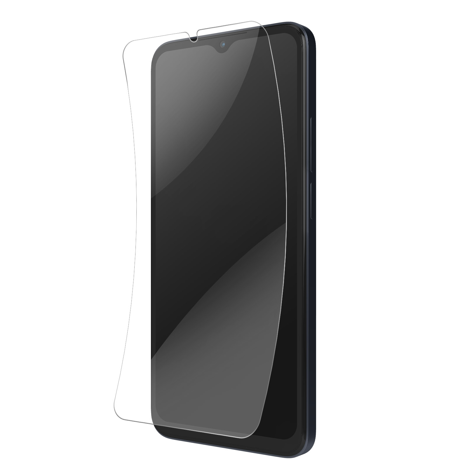 Een smartphone met een screenprotector, met een transparante, gebogen glazen folie op het scherm. Witte achtergrond.