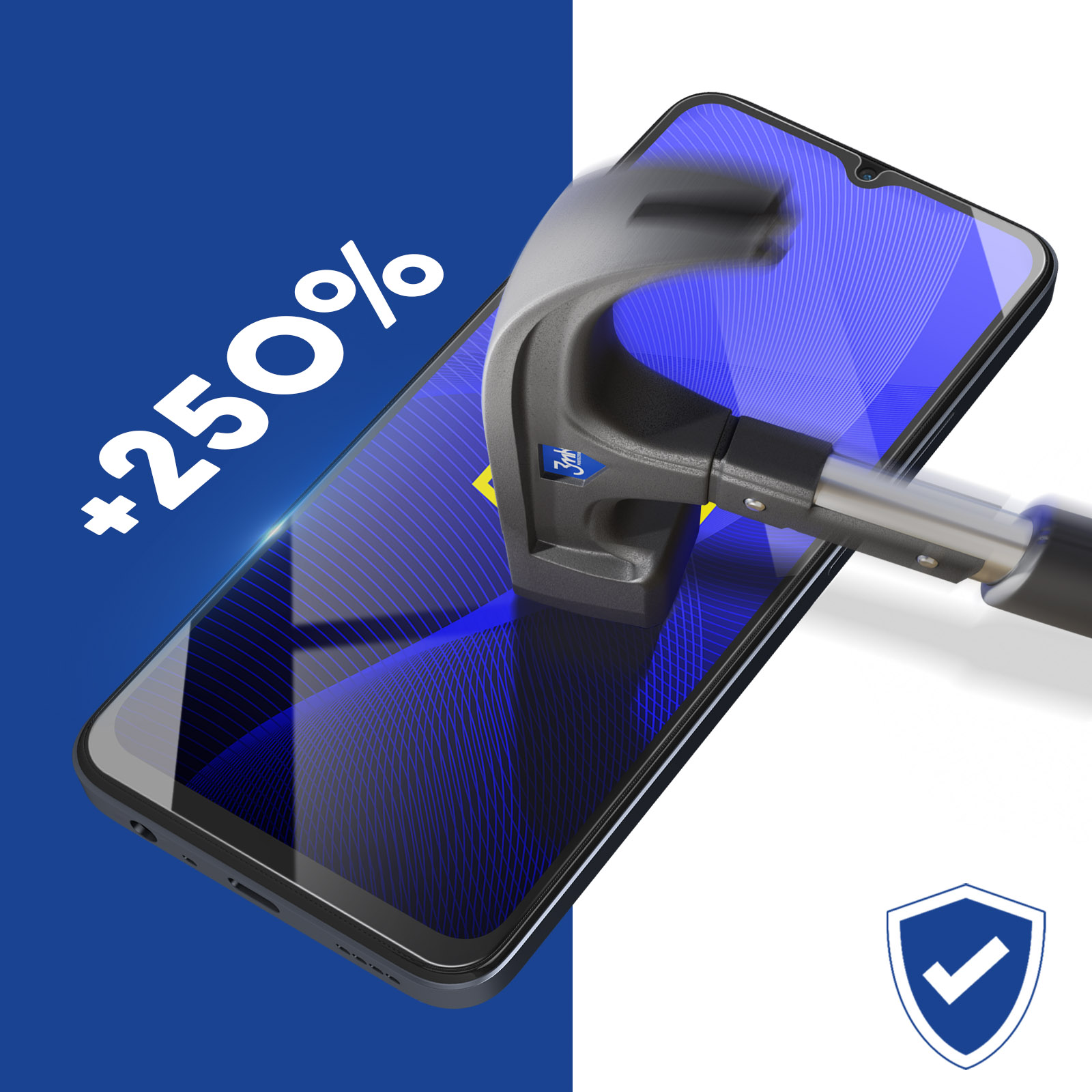 Een smartphonescherm wordt geraakt door een hamer. Tekst luidt +250%. Een schildpictogram met een vinkje wordt getoond.