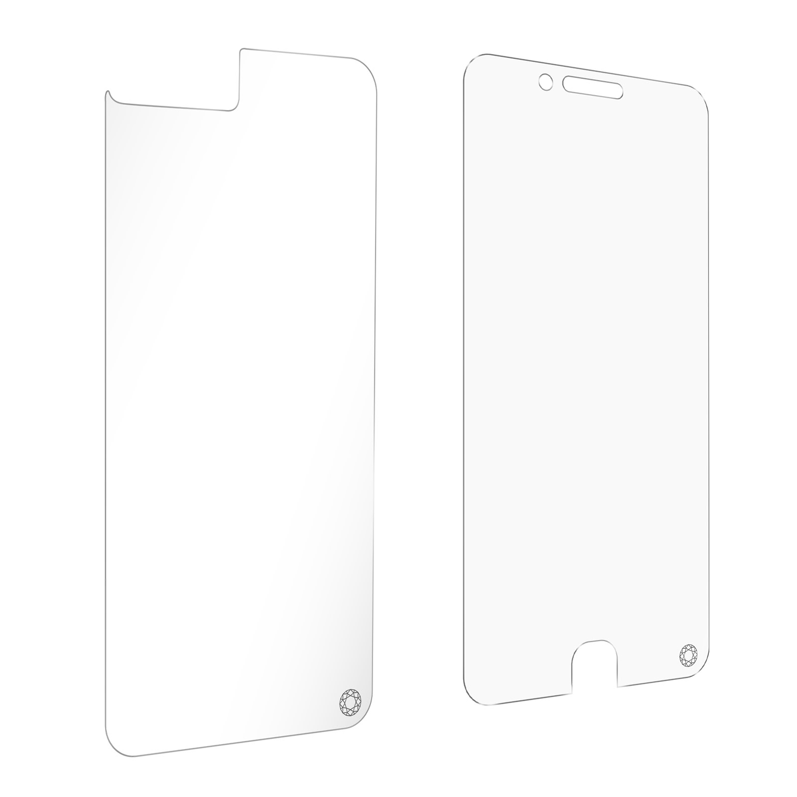 Twee schermbeschermers, één in omtrek, met telefoonuitsparingen, op een witte achtergrond. Zwarte lijnen.
