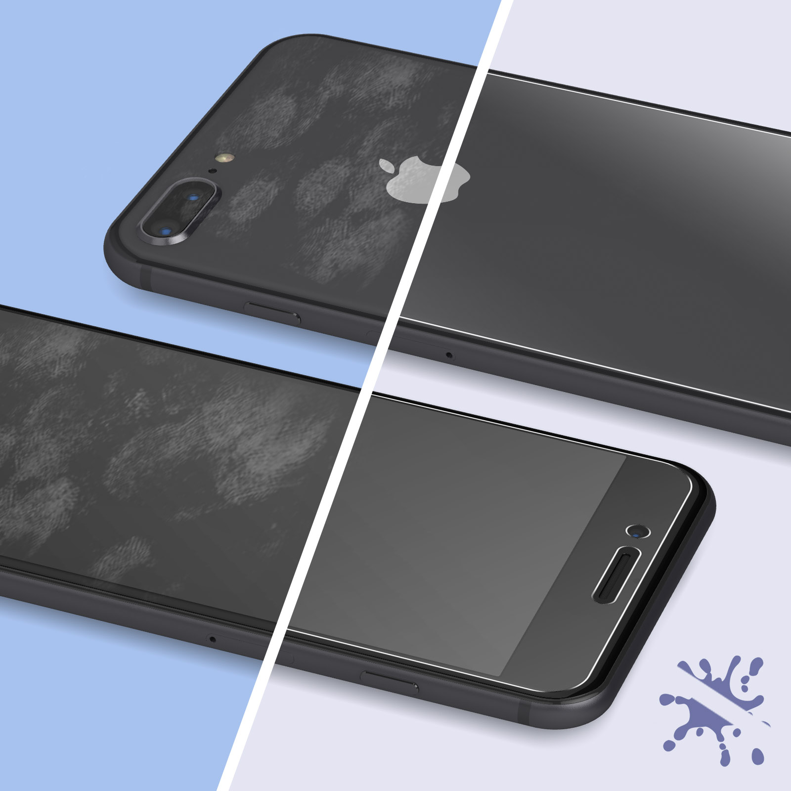 Twee telefoons. Eén toont een vies scherm. De andere heeft een schermbeschermer. Een blauwe inktvlek.
