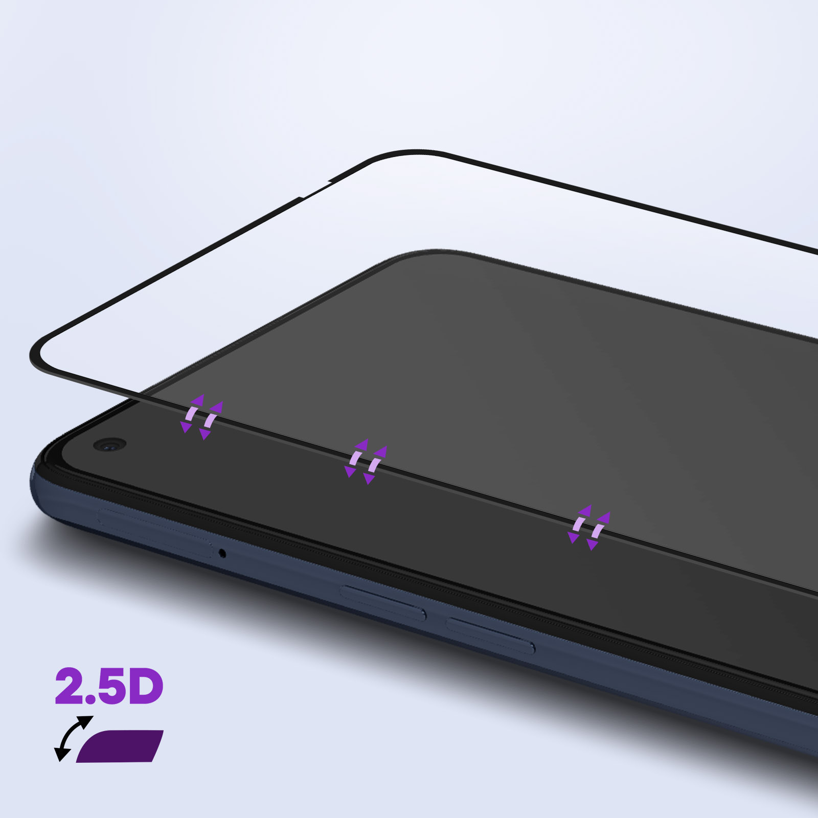 Een telefoon met een schermbeschermer. De telefoon is zwart en de schermbeschermer is transparant. 2.5D-tekst wordt getoond.