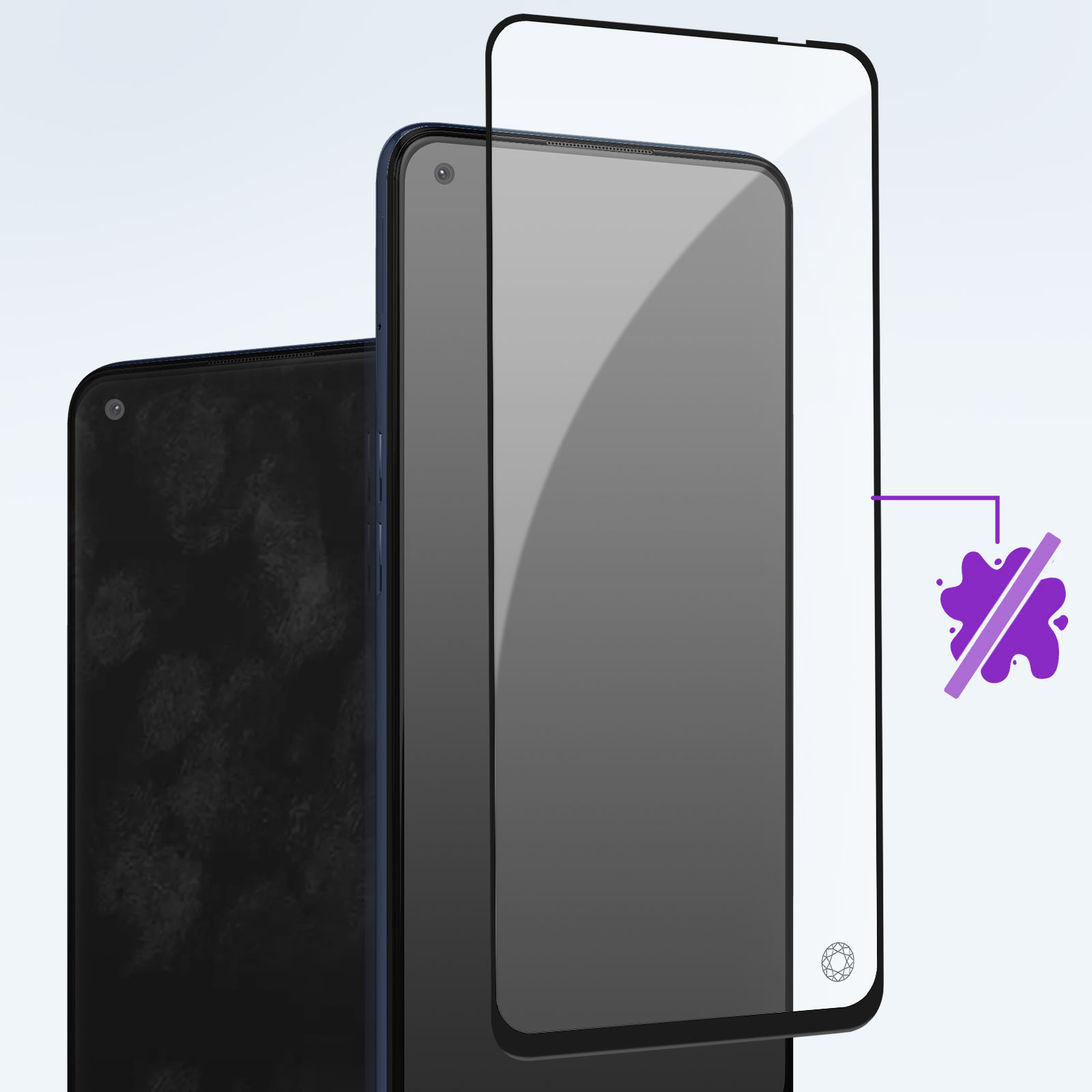 Een telefoon met een schermbeschermer, met een spatteken dat aangeeft dat het bestand is tegen vlekken.