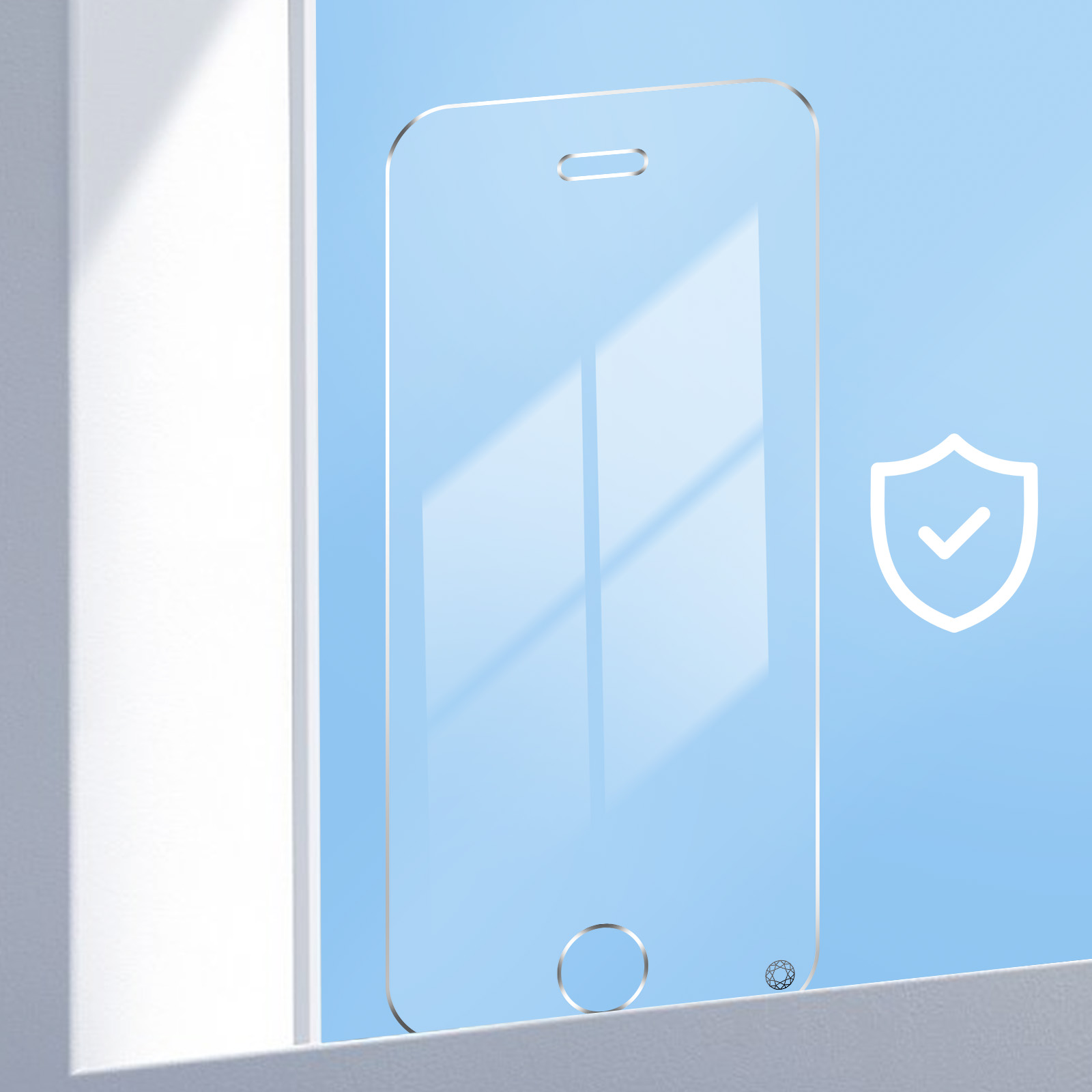 Clear screen protector on a light blue background. A checkmark and a shield icon are visible.