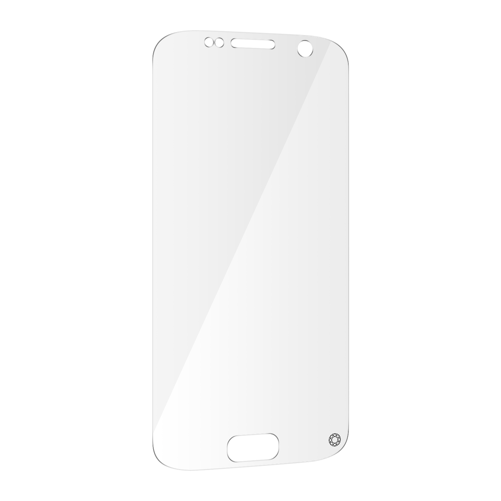 Una protezione schermo trasparente, con ritagli per fotocamera e altoparlante, su sfondo bianco.