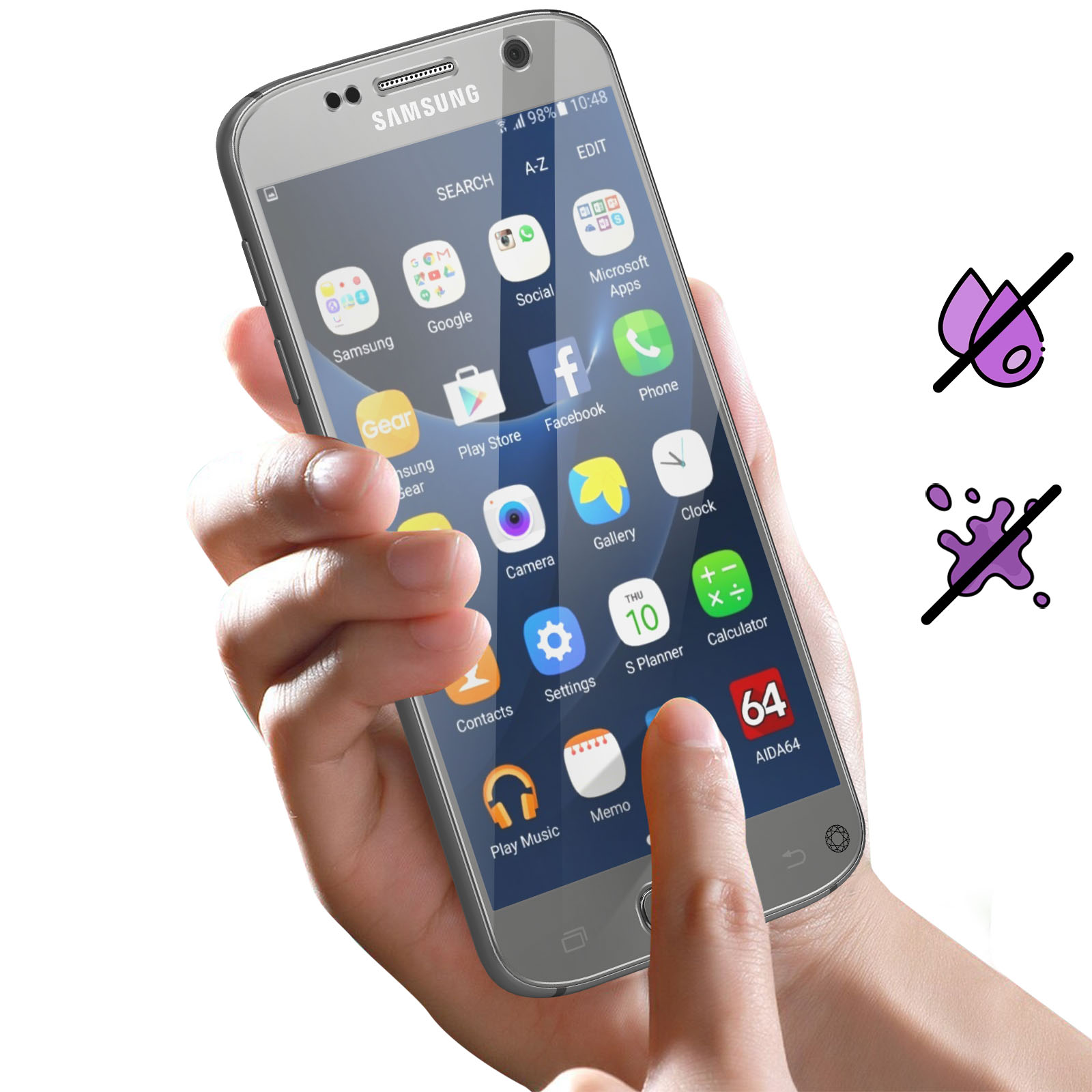 Mano che tiene un telefono con app e icone sullo schermo.