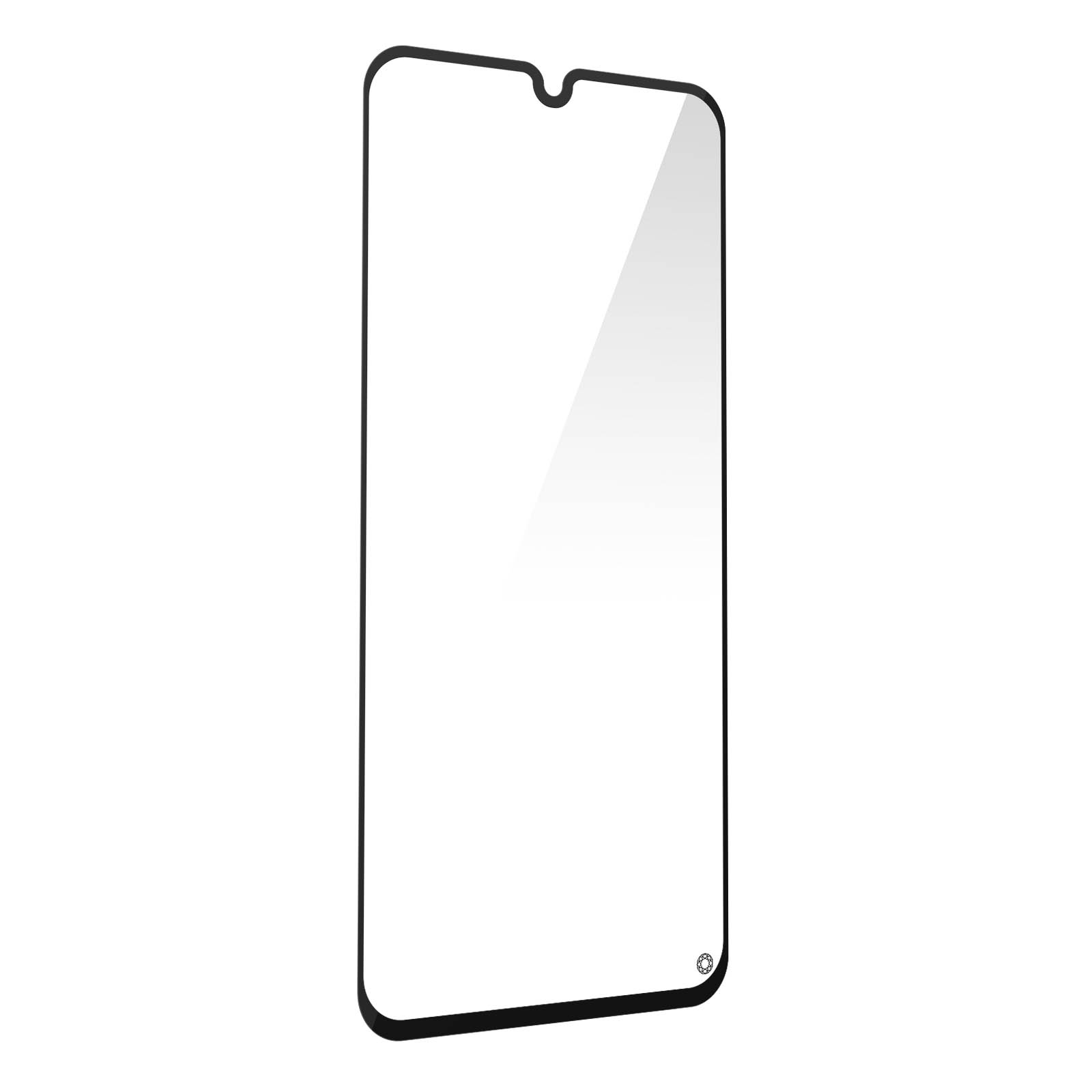 Un protecteur d'écran transparent pour un téléphone, avec des bords noirs. Le protecteur est sur un fond blanc.