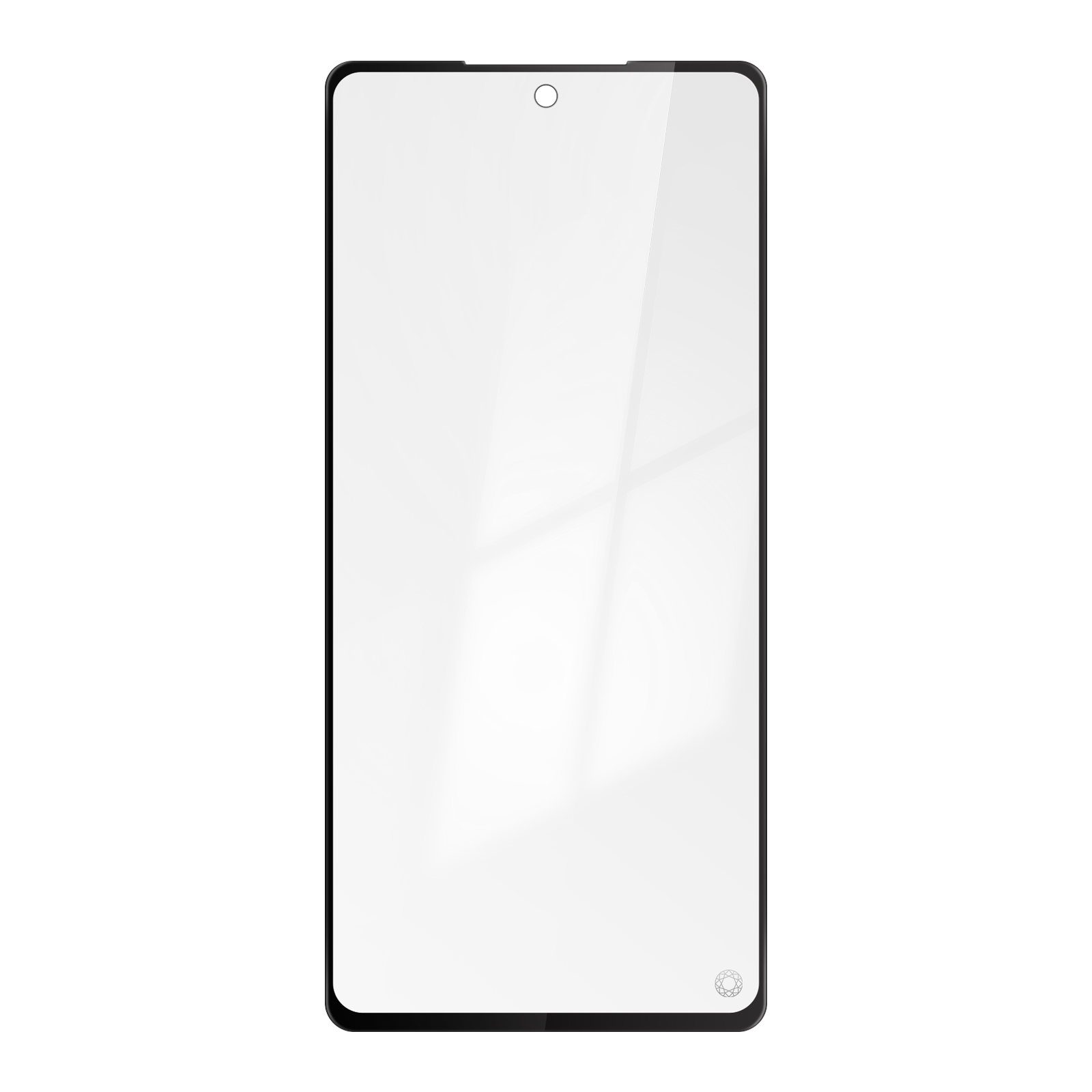 Un protecteur d'écran pour smartphone. Clair, rectangulaire avec un point pour la caméra frontale et un bord noir.