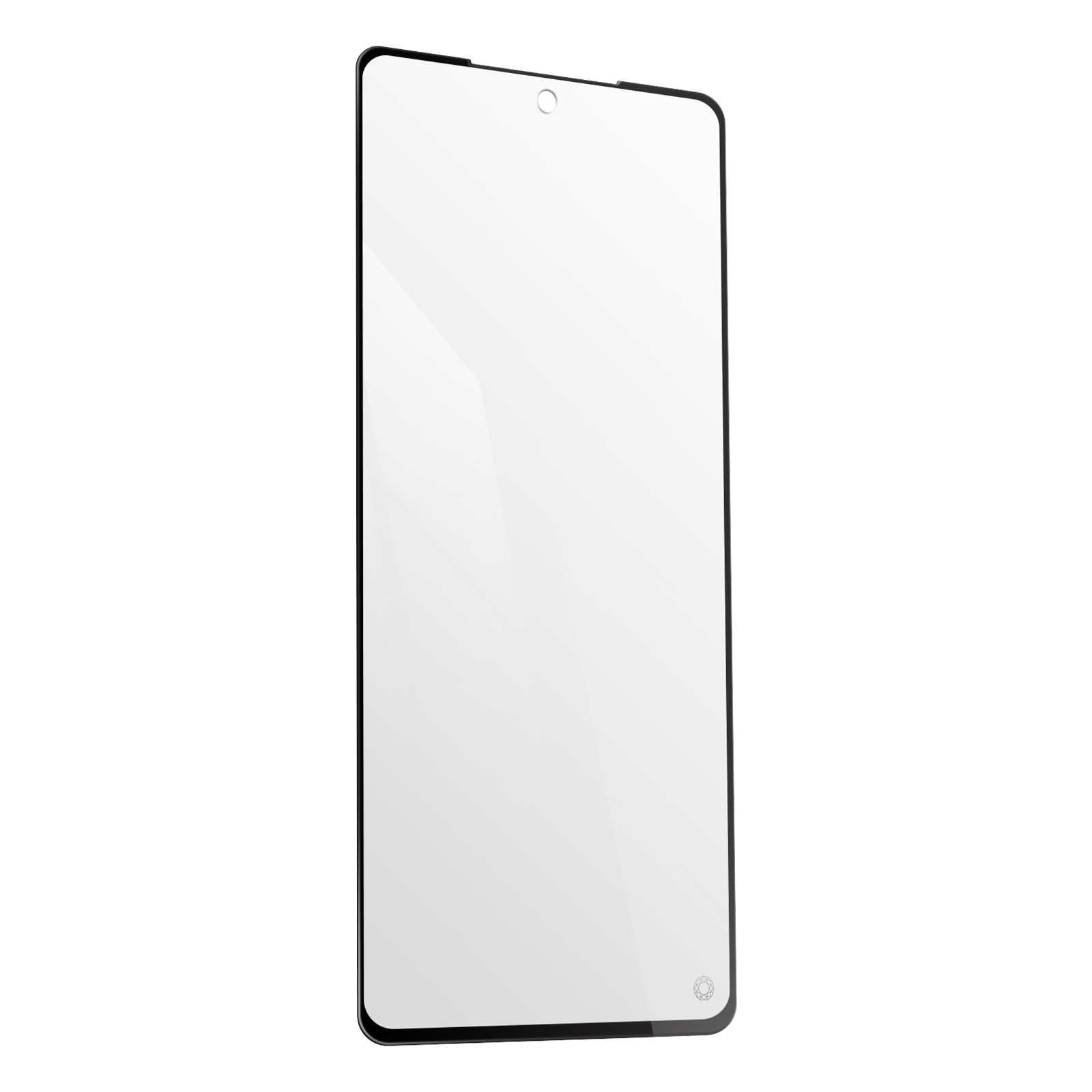 Un protecteur d'écran de téléphone, transparent, rectangulaire, avec un cadre noir et une découpe caméra.