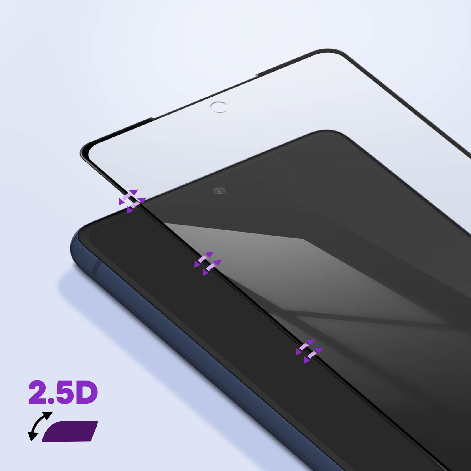 Téléphone avec protecteur d'écran, flèches indiquant 2.5D, coin violet.