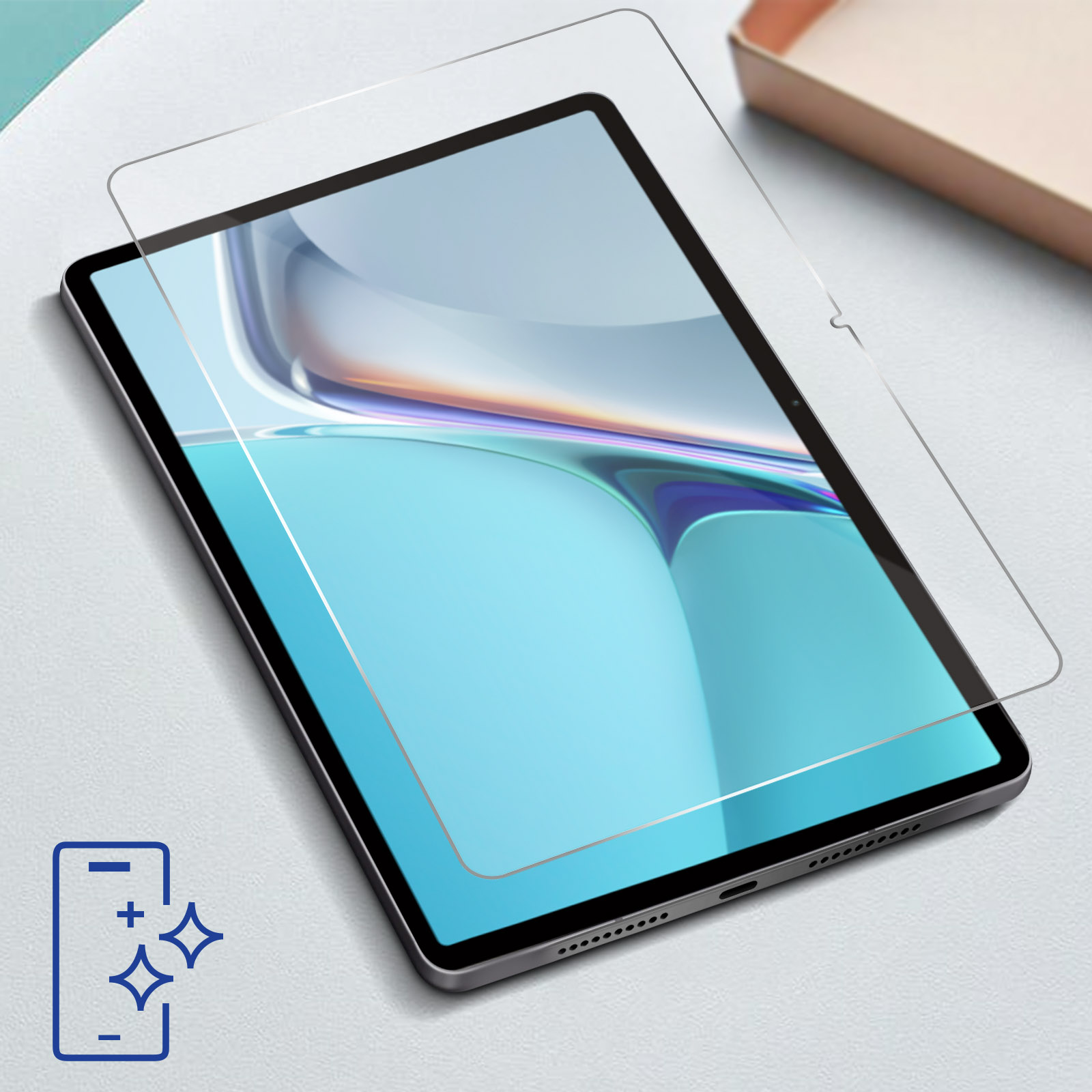 Tablet z ochroną ekranu. Ekran ma niebieskie tło z efektem białej poświaty.