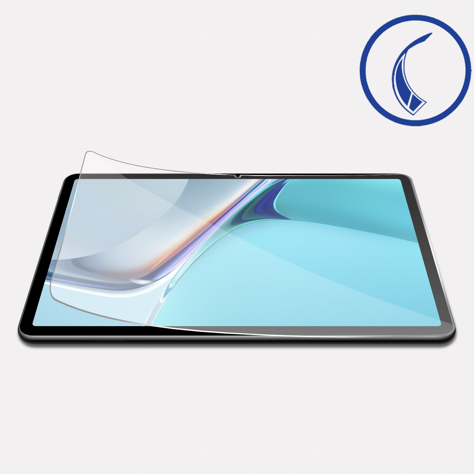 Tablet z ochraniaczem ekranu. Niebieski i biały obraz na ekranie. Białe tło.