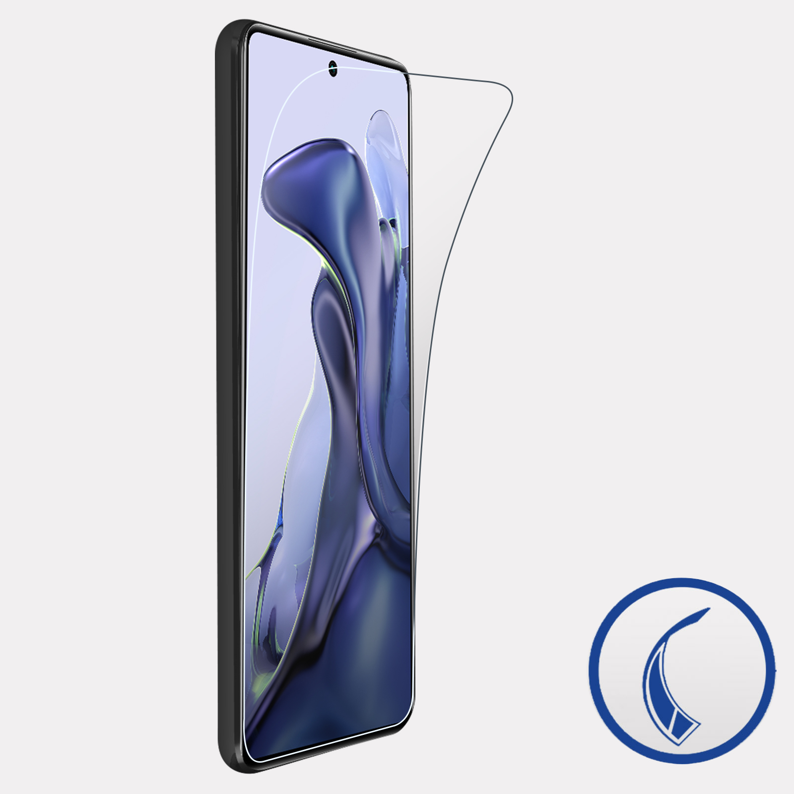 Telefon z ochraniaczem ekranu. Ochraniacz ekranu odchodzi od telefonu. Tło jest białe.