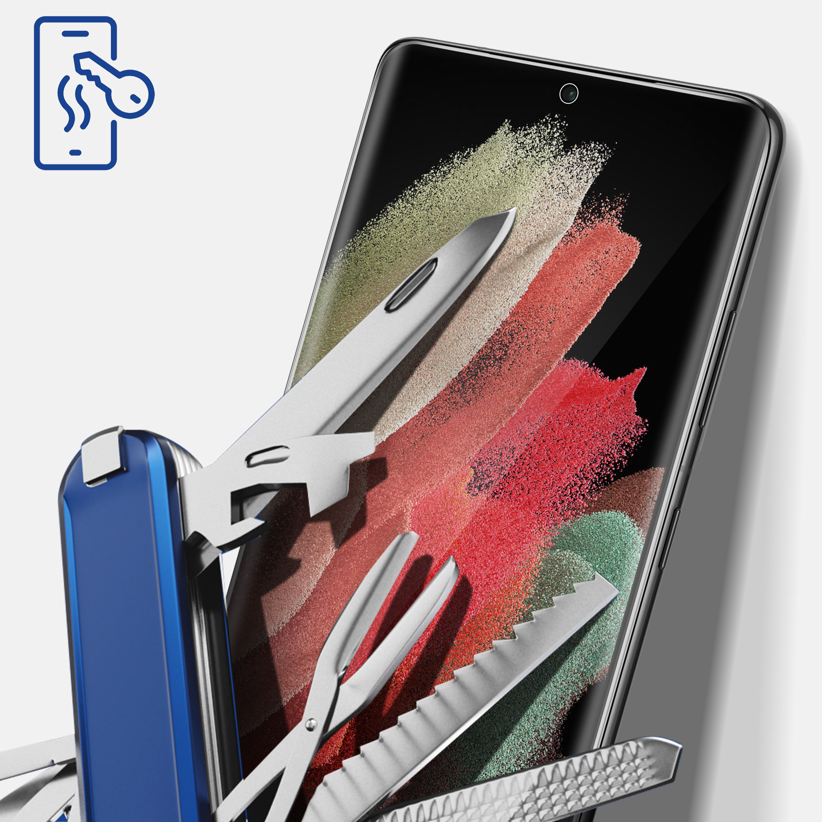 Wyświetlany jest smartfon z wielofunkcyjnym narzędziem. Ekran wyświetla kolorową sztukę abstrakcyjną. Ikona klucza.