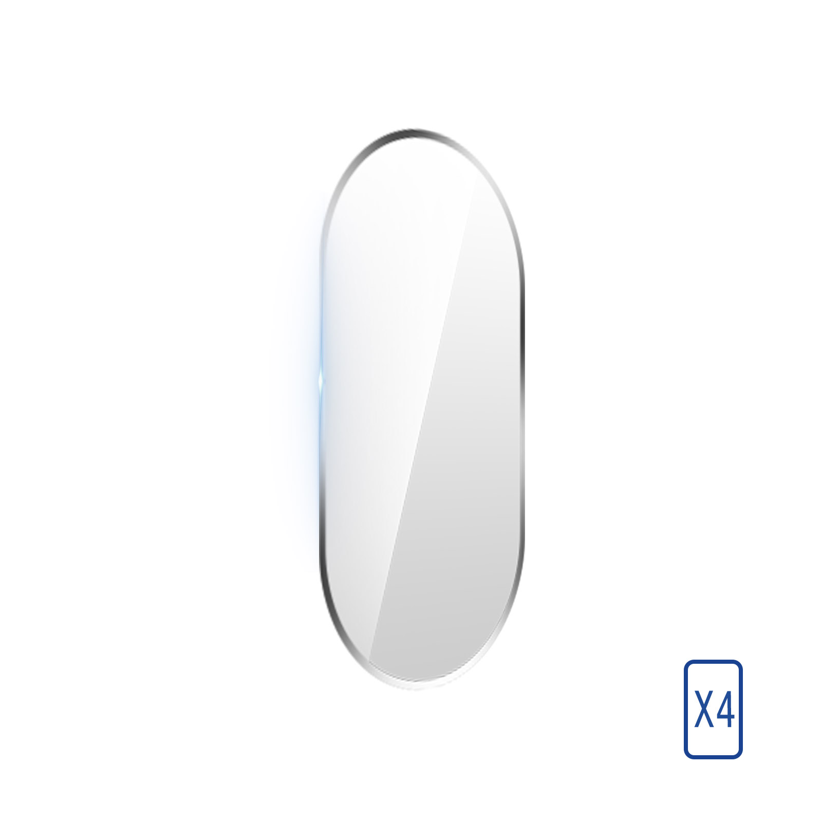 Ein ovales Objekt mit Metallrahmen und weißer, reflektierender Oberfläche. Ein kleines blaues 'X4'-Symbol in der Ecke.