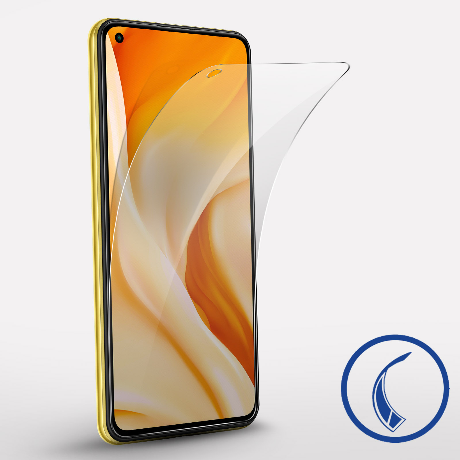 Telefon z żółtą ramką i odklejaną osłoną ekranu. Zakrzywiona grafika w rogu.