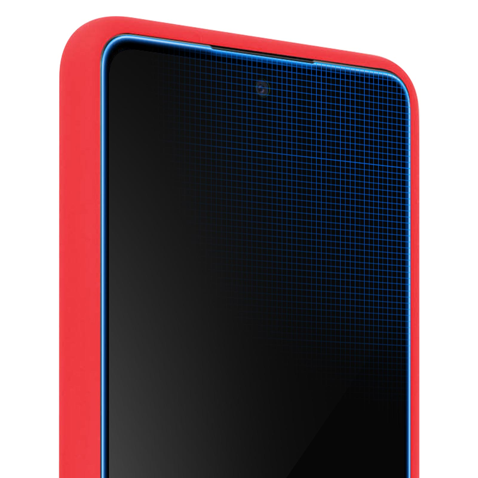 Zbliżenie na czerwoną obudowę telefonu na telefonie. Niebieski wzór kratki jest widoczny na czarnym ekranie.