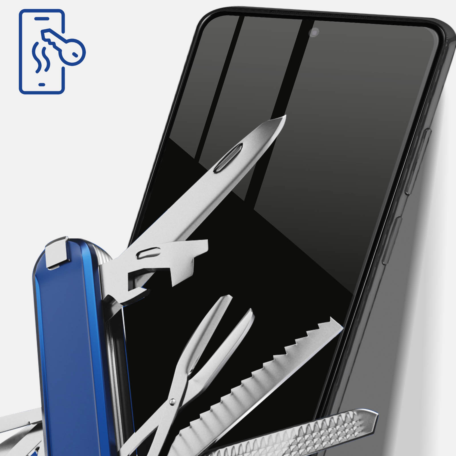 Wyświetlany jest smartfon z wielofunkcyjnym narzędziem. Ekran jest ciemny. Ikona klucza w rogu.