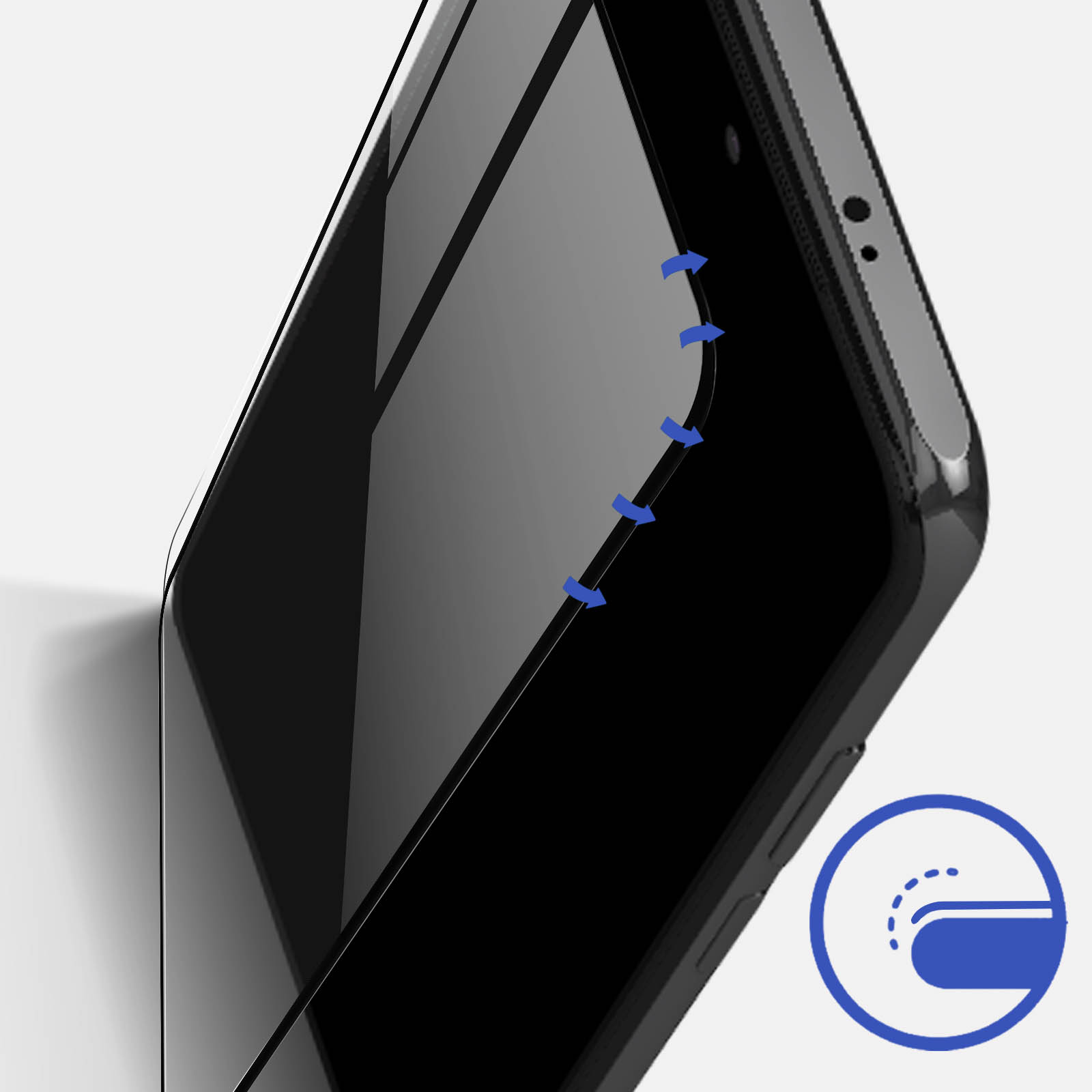 Zbliżenie na ekran telefonu z ochraniaczem. Niebieskie strzałki pokazują krawędź. Obecna ikona przyjazna w dotyku.