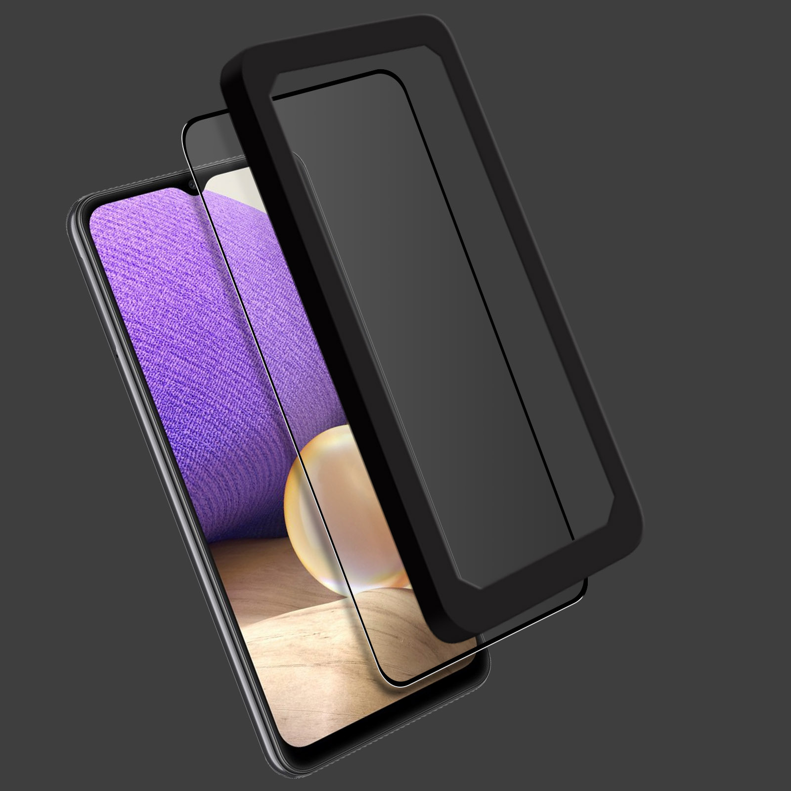 Coque de téléphone avec un téléphone à l'intérieur et un protecteur d'écran séparé sur fond gris.