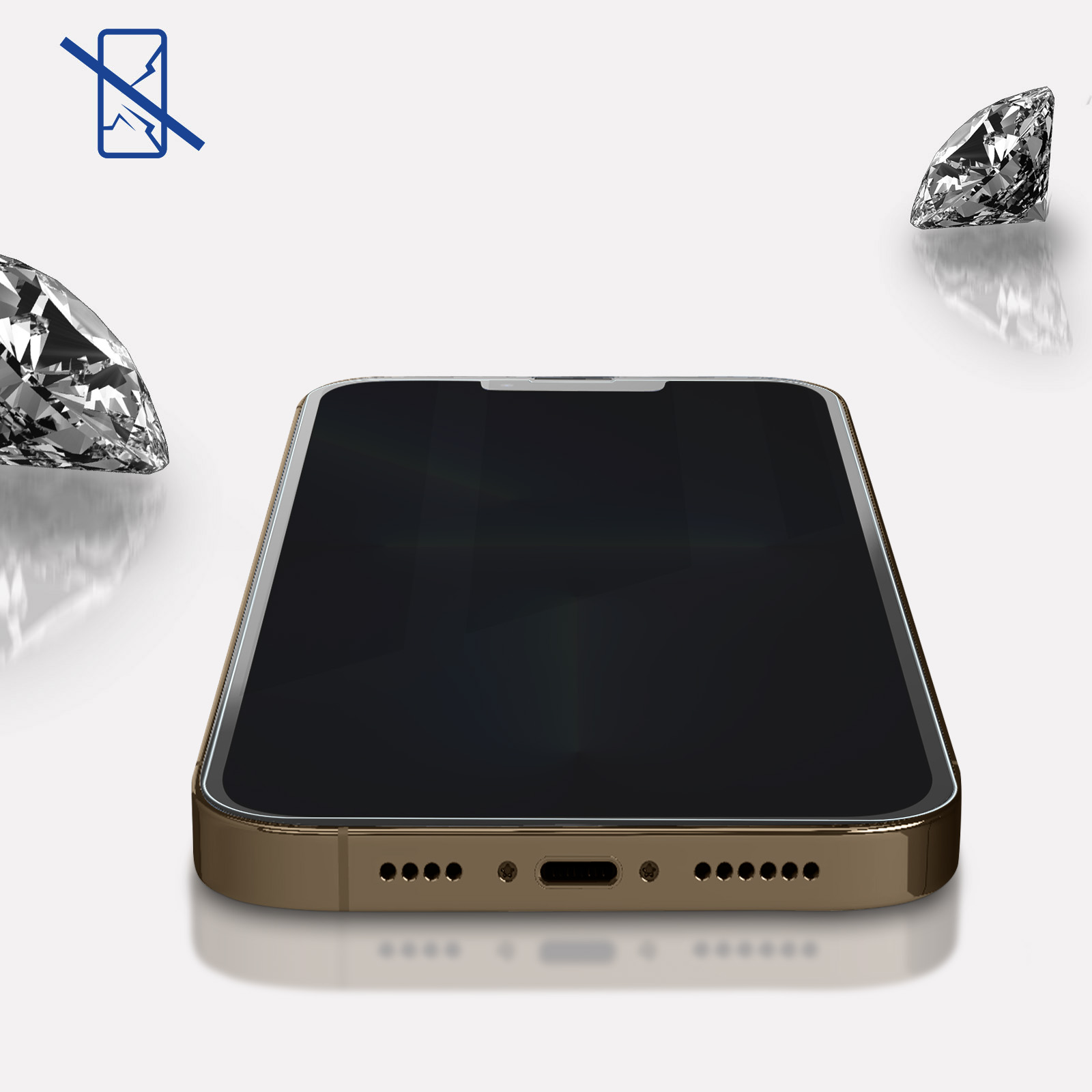 Złoty telefon na białej powierzchni, dwa diamenty po bokach i ikona zepsutego telefonu.