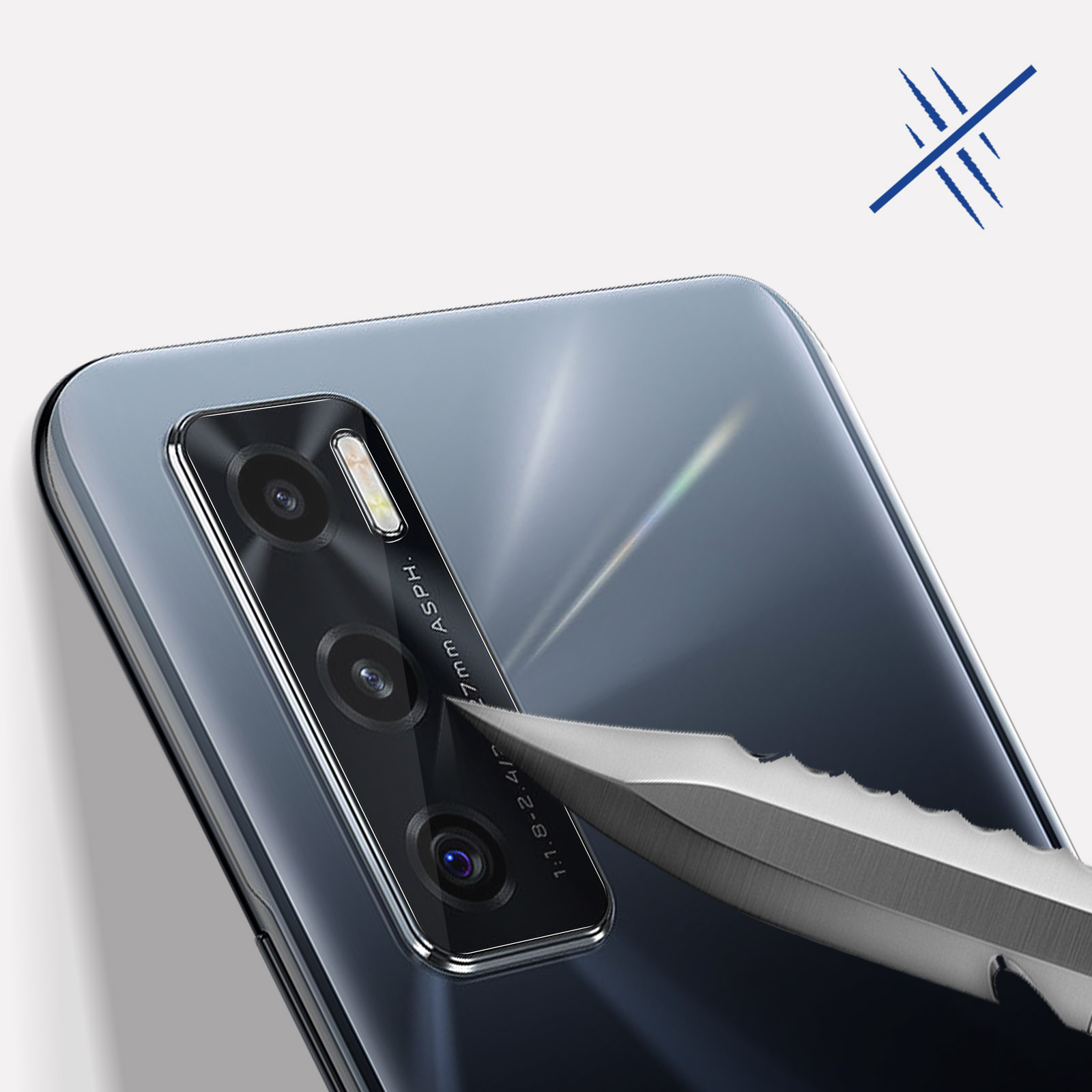 Obiektywy aparatu w telefonie z osłoną ekranu. Pokazano nóż z przekreślonym symbolem.