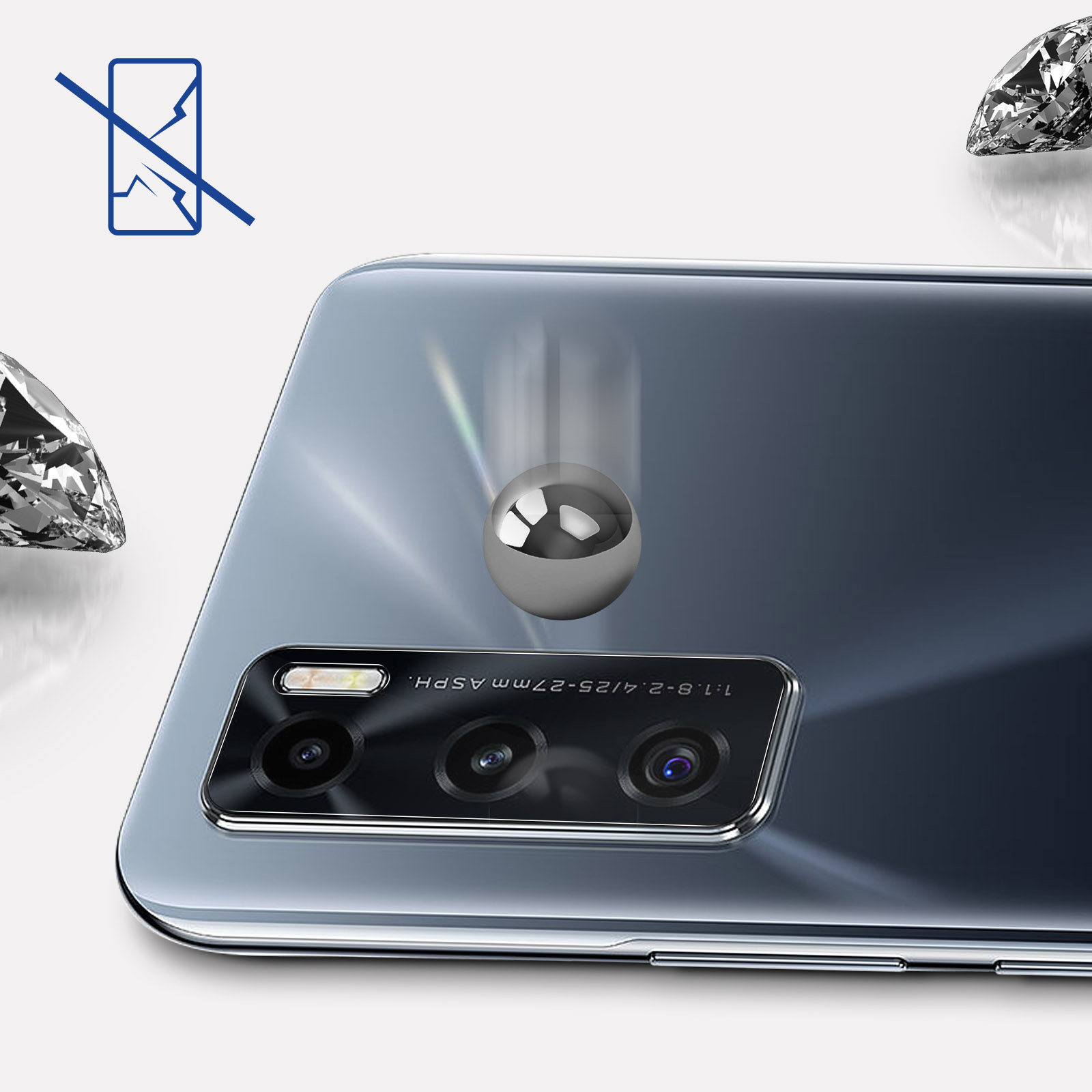 Aparat w telefonie z osłoną ekranu. Piłka uderza w tył telefonu. Pokazano diamenty.