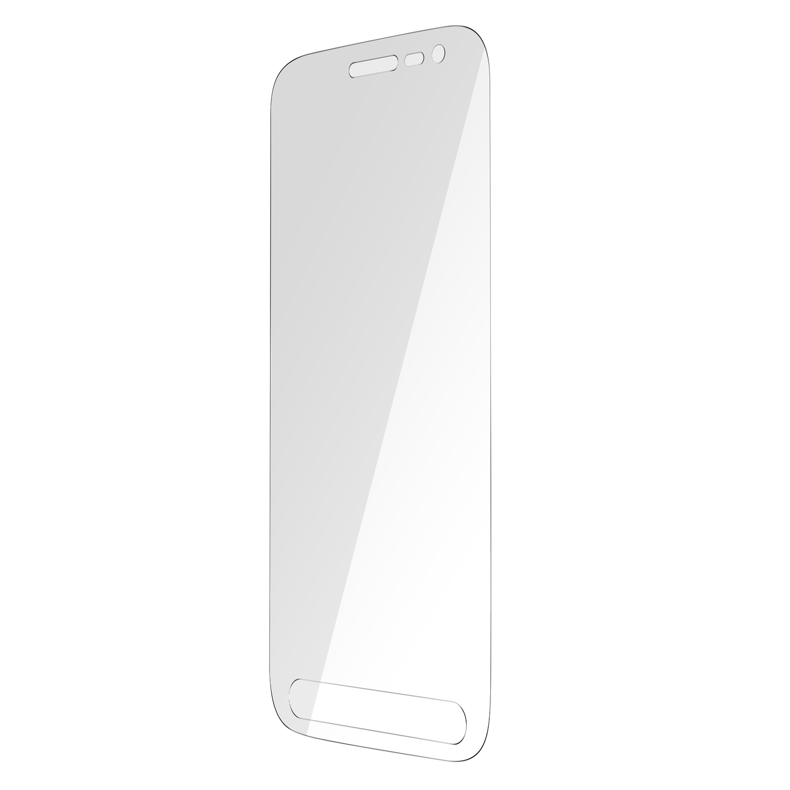 Una protezione schermo trasparente per un telefono, con un ritaglio per la fotocamera e angoli arrotondati.