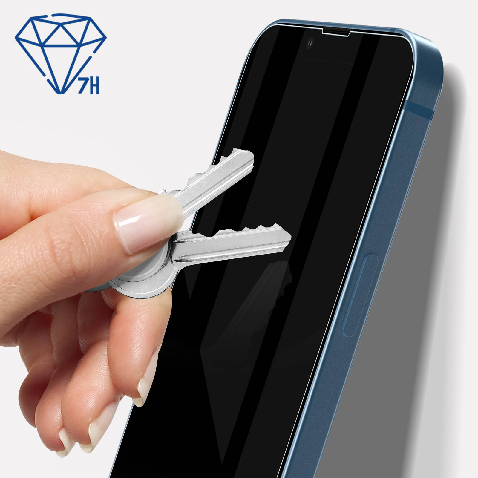 Klucze rysujące ekran telefonu. Niebieski telefon jest w kadrze. Pokazano diament 7H.