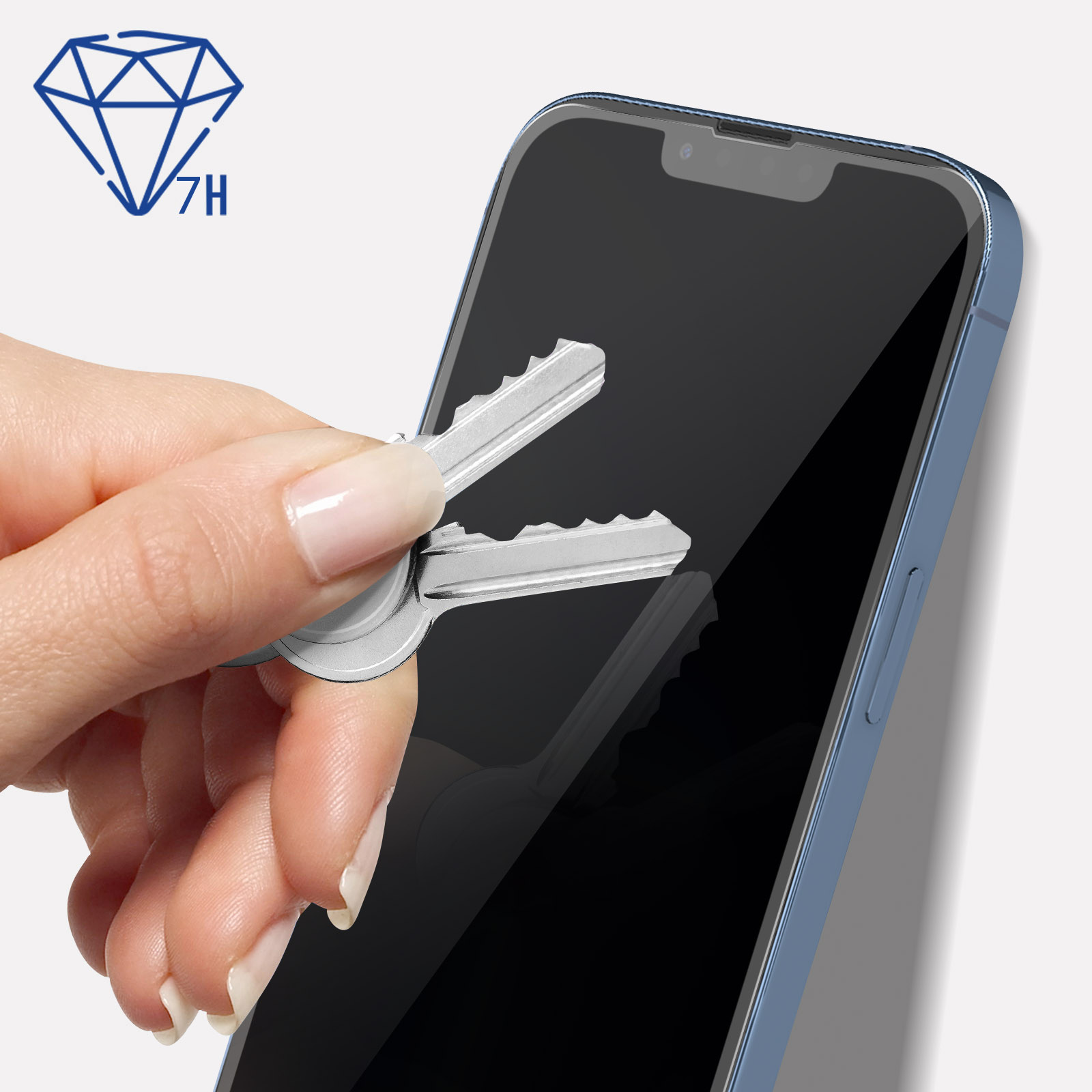 Klucze rysujące ekran telefonu. Niebieski telefon jest w kadrze. Pokazano diament 7H.