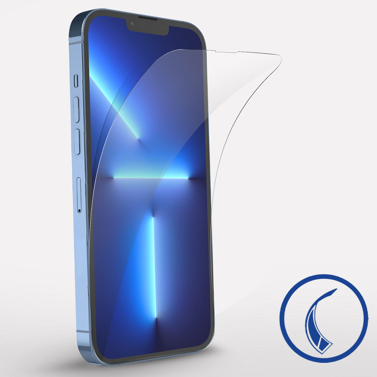 Telefon z odklejaną osłoną ekranu. Telefon jest niebieski. Pokazano ikonę odrywania.