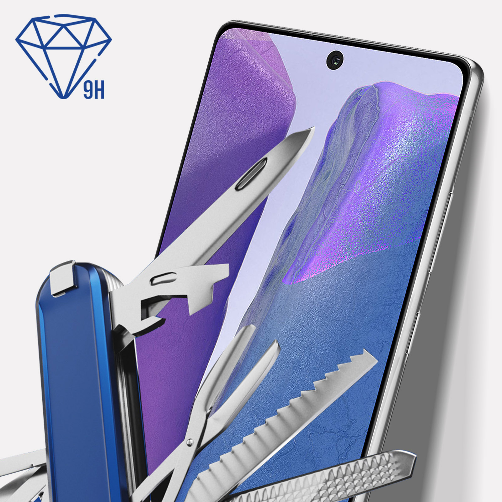 Uno smartphone con un multiutensile. Logo diamante in alto a sinistra. Schermo con immagine astratta viola.