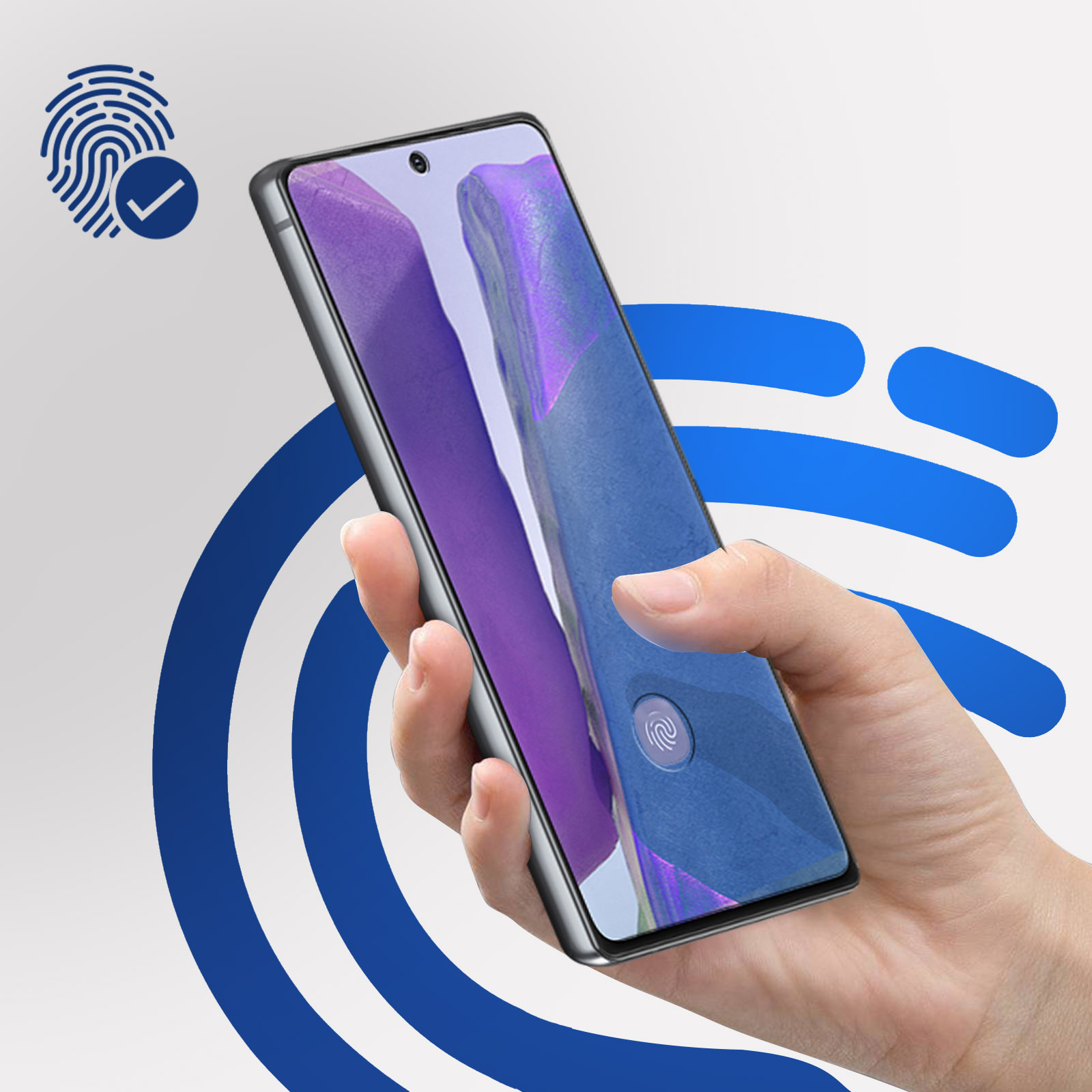 Mano che tiene uno smartphone con sensore di impronte digitali. Icona impronta digitale blu e linee curve blu su sfondo bianco.