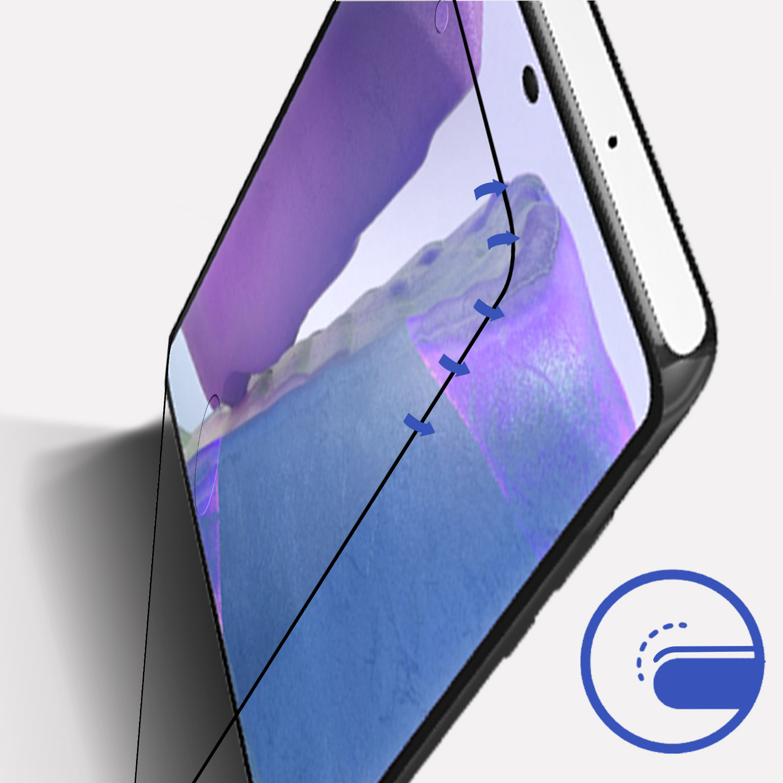 Viene mostrato lo schermo di un telefono, con una linea nera e frecce che indicano un bordo curvo. Un grafico blu nell'angolo.