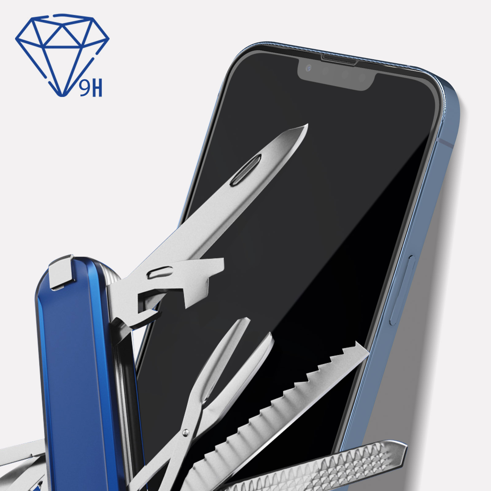 Szwajcarski scyzoryk umieszczony na smartfonie. Widoczne są różne narzędzia, w tym ostrze i nożyczki.