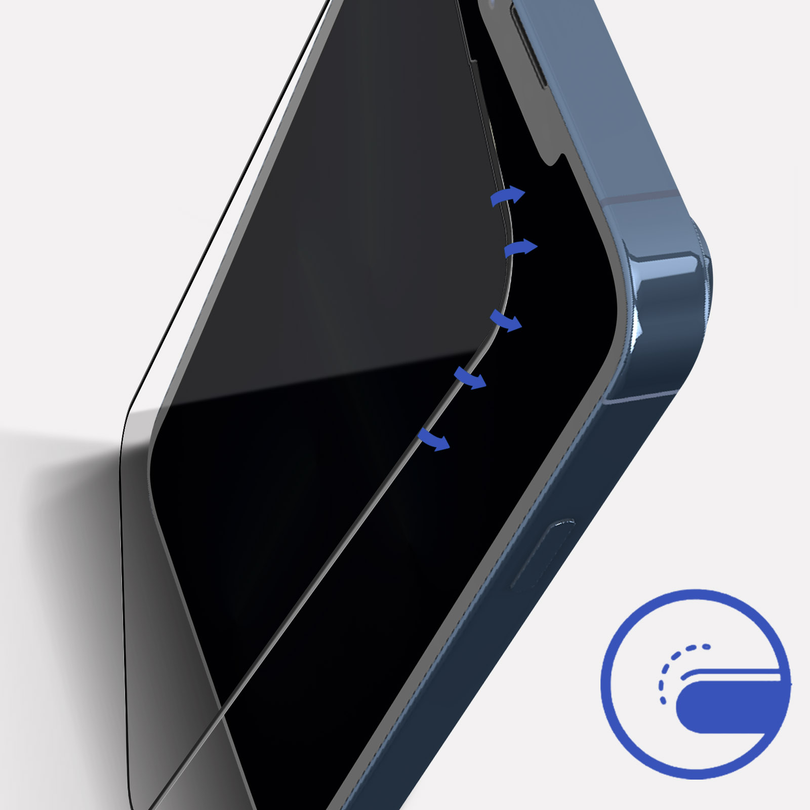 Niebieski telefon z nałożonym ochraniaczem ekranu. Strzałki wskazują kierunek nakładania. Widoczne okrągłe logo.