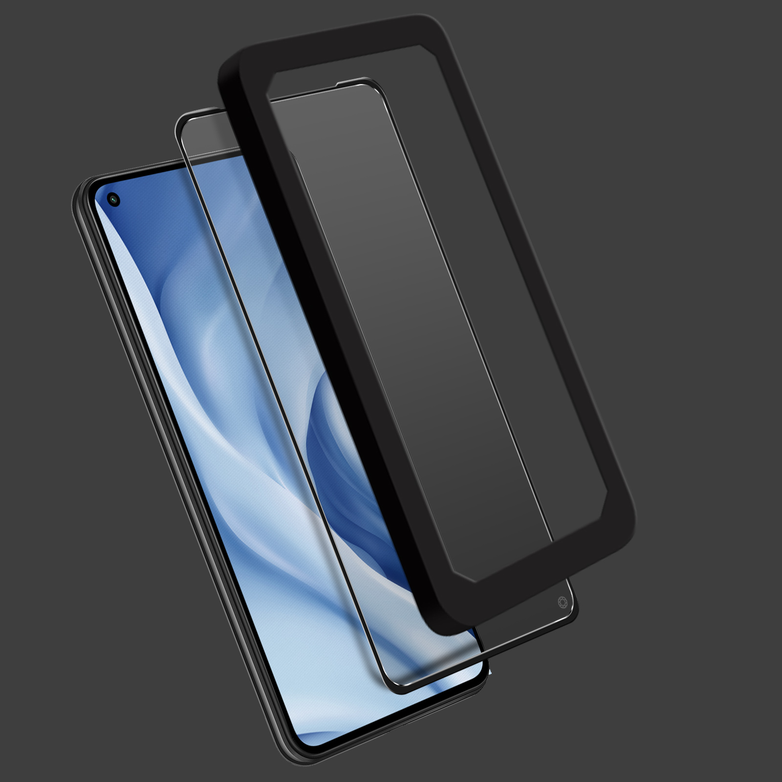 Un telefono con protezione schermo e una custodia. Lo sfondo è grigio scuro.