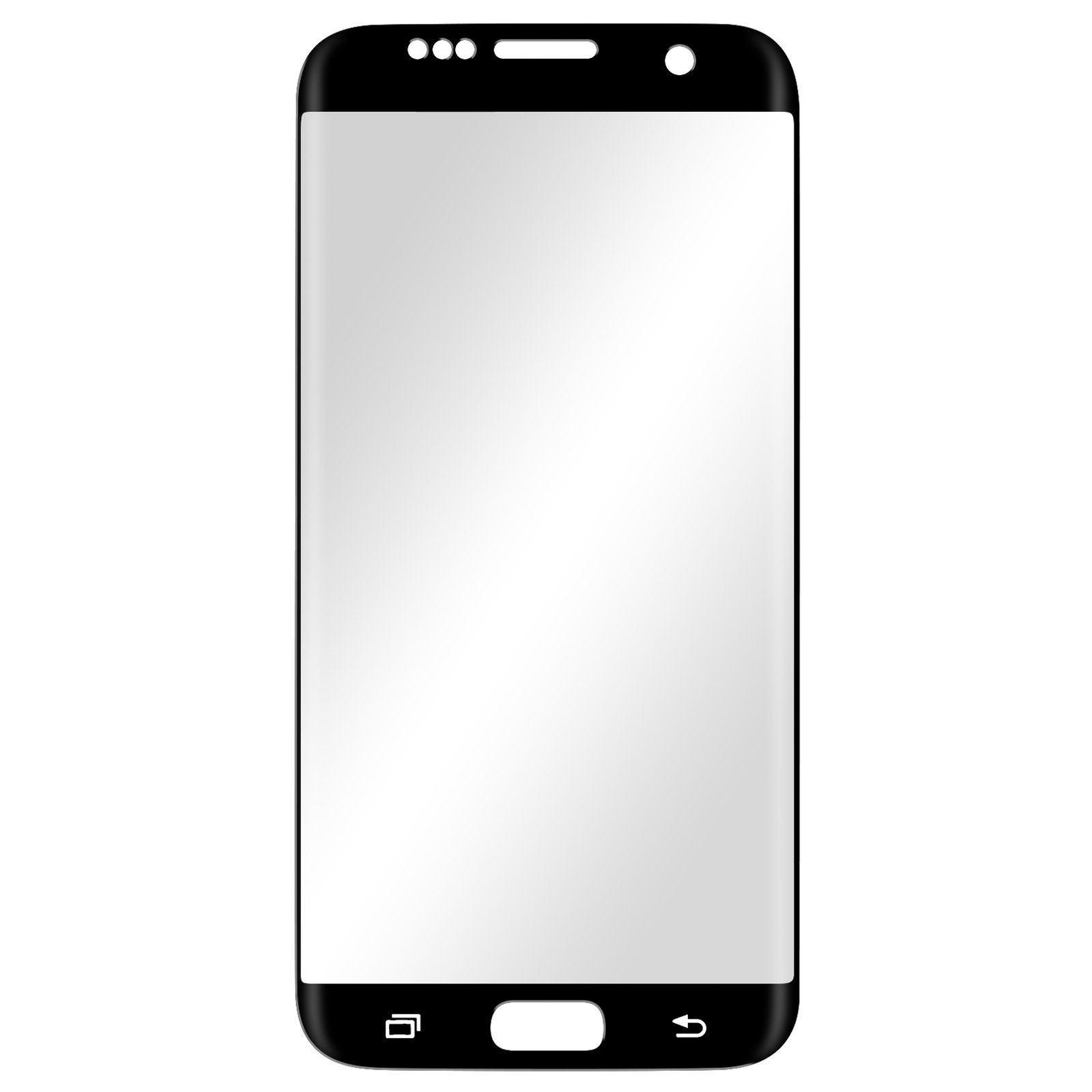 Protector de pantalla de smartphone. Marco negro con pantalla blanca, tres puntos y altavoz arriba, botones abajo.