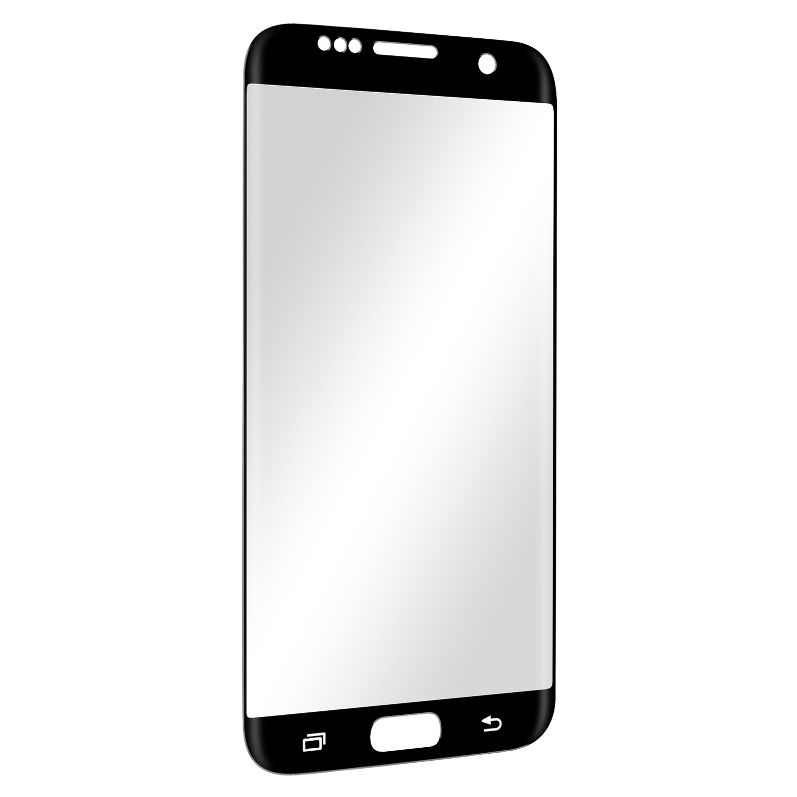 Se muestra un smartphone con pantalla curva. La pantalla es blanca y los bordes negros. Es visible un botón de inicio.