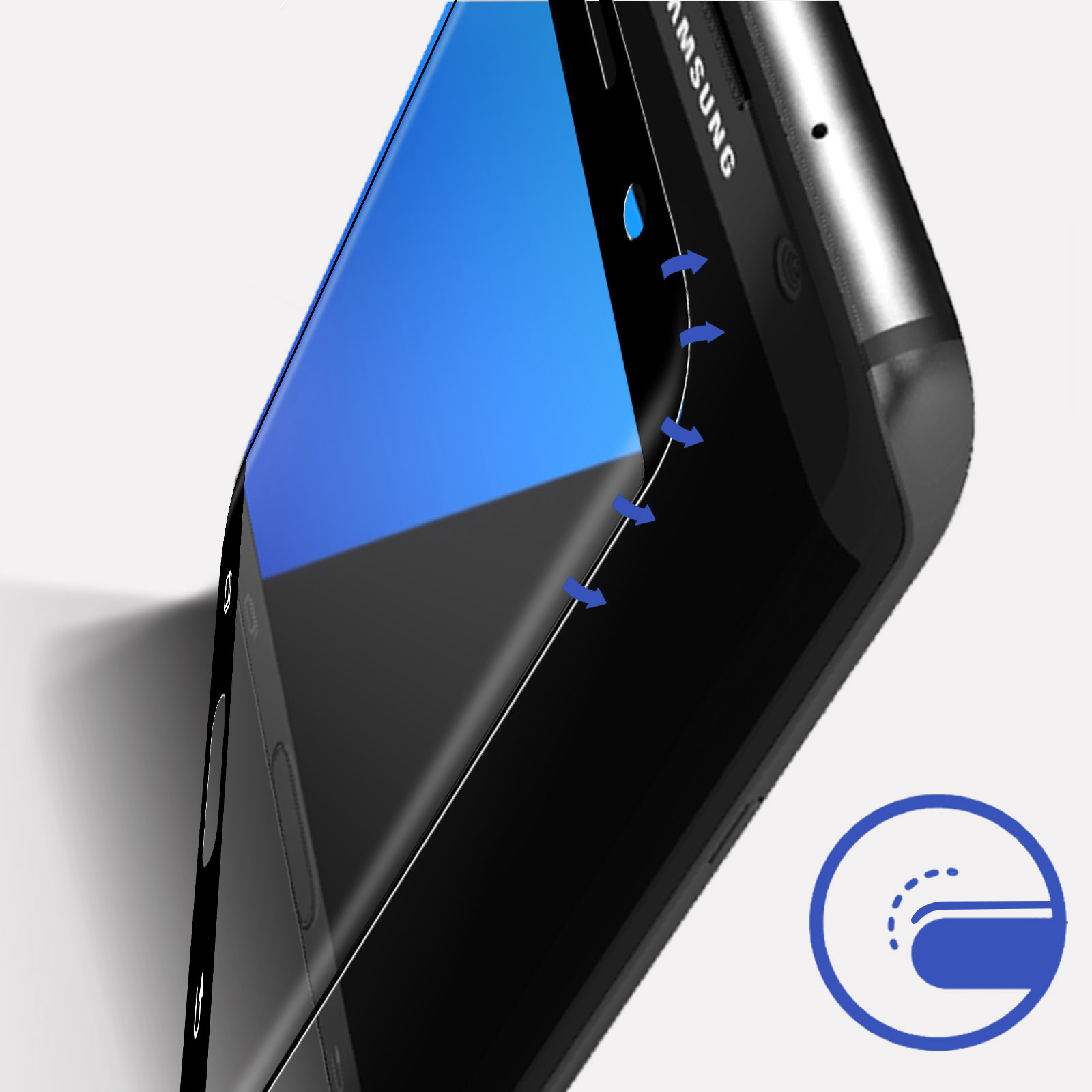 Primer plano de un smartphone negro con pantalla curva. Flechas azules indican protección de pantalla. Fondo blanco.