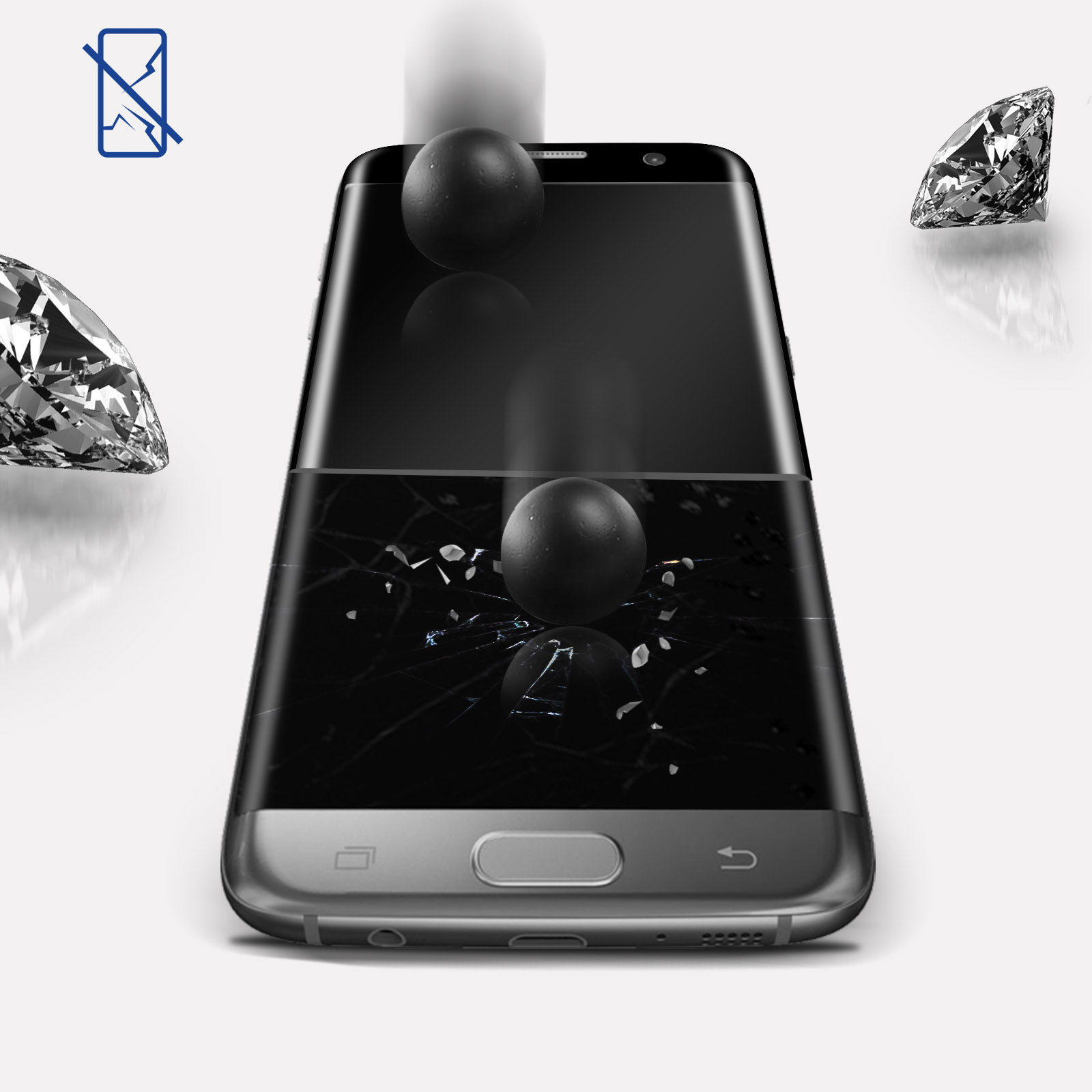 Se muestra un smartphone con la pantalla rota. Arriba, caen dos esferas negras. Hay diamantes a los lados. Un icono de pantalla rota arriba a la izquierda.