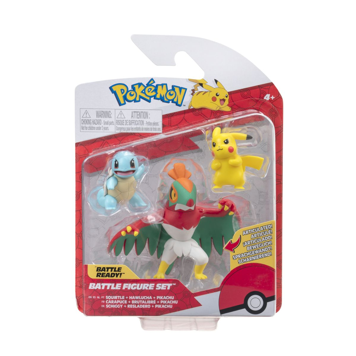 Un ensemble emballé de figurines Pokémon : Carapuce, Brutalibré, Pikachu et Reshiram.
