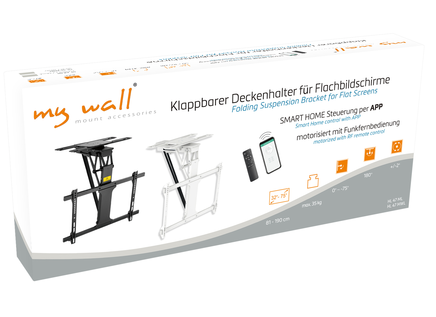 Eine Produktbox für eine klappbare Halterung für Flachbildschirme, mit Diagrammen und einer Fernbedienung.