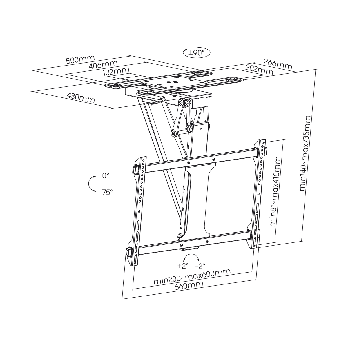Diagramm einer TV-Halterung mit Abmessungen. Die Halterung ist schwarz und für die Deckenmontage konzipiert.