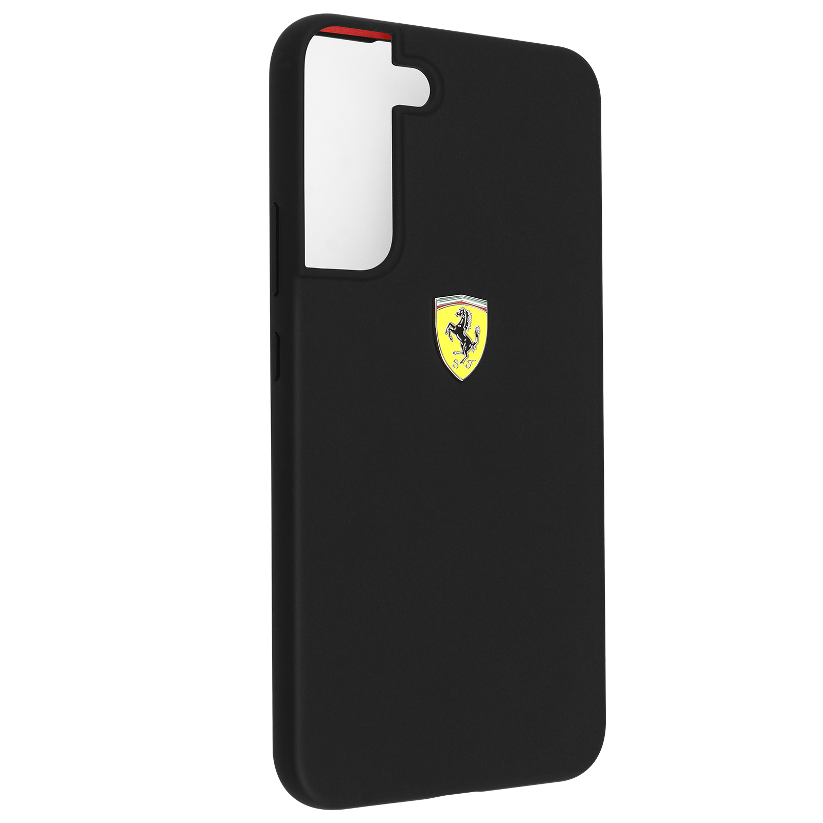 Custodia nera per telefono con logo Ferrari e stemma giallo. Sfondo nero.