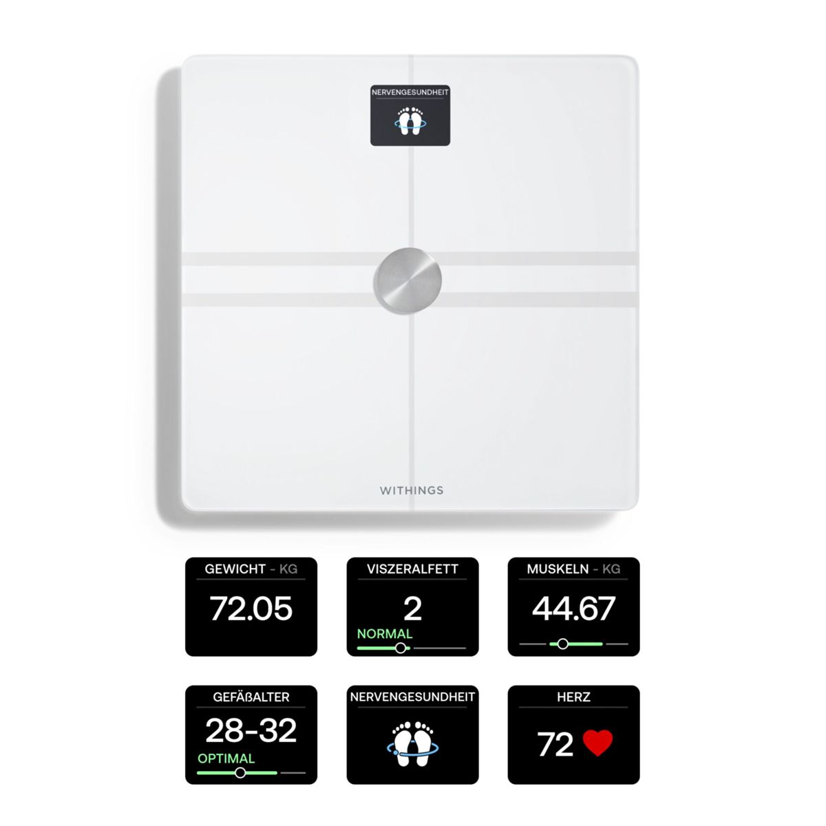 Biała inteligentna waga z cyfrowym wyświetlaczem pokazującym wskaźniki zdrowia, z różnymi kolorowymi prostokątami powyżej.