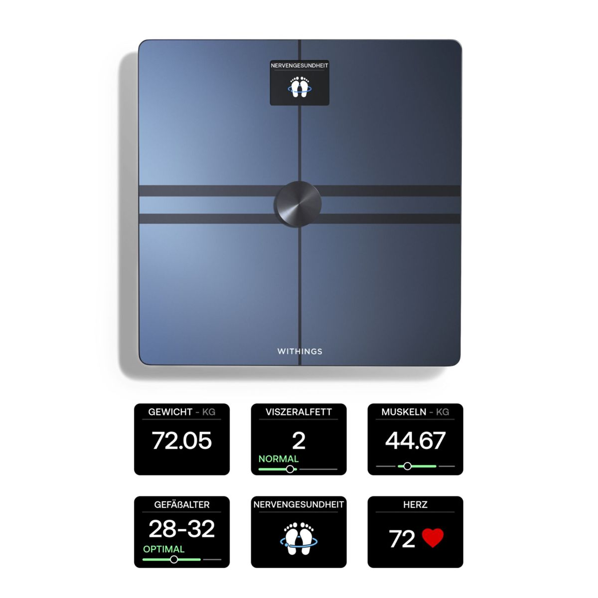 Inteligentna waga pokazująca wagę, tkankę tłuszczową, masę mięśniową, wiek metaboliczny i tętno.