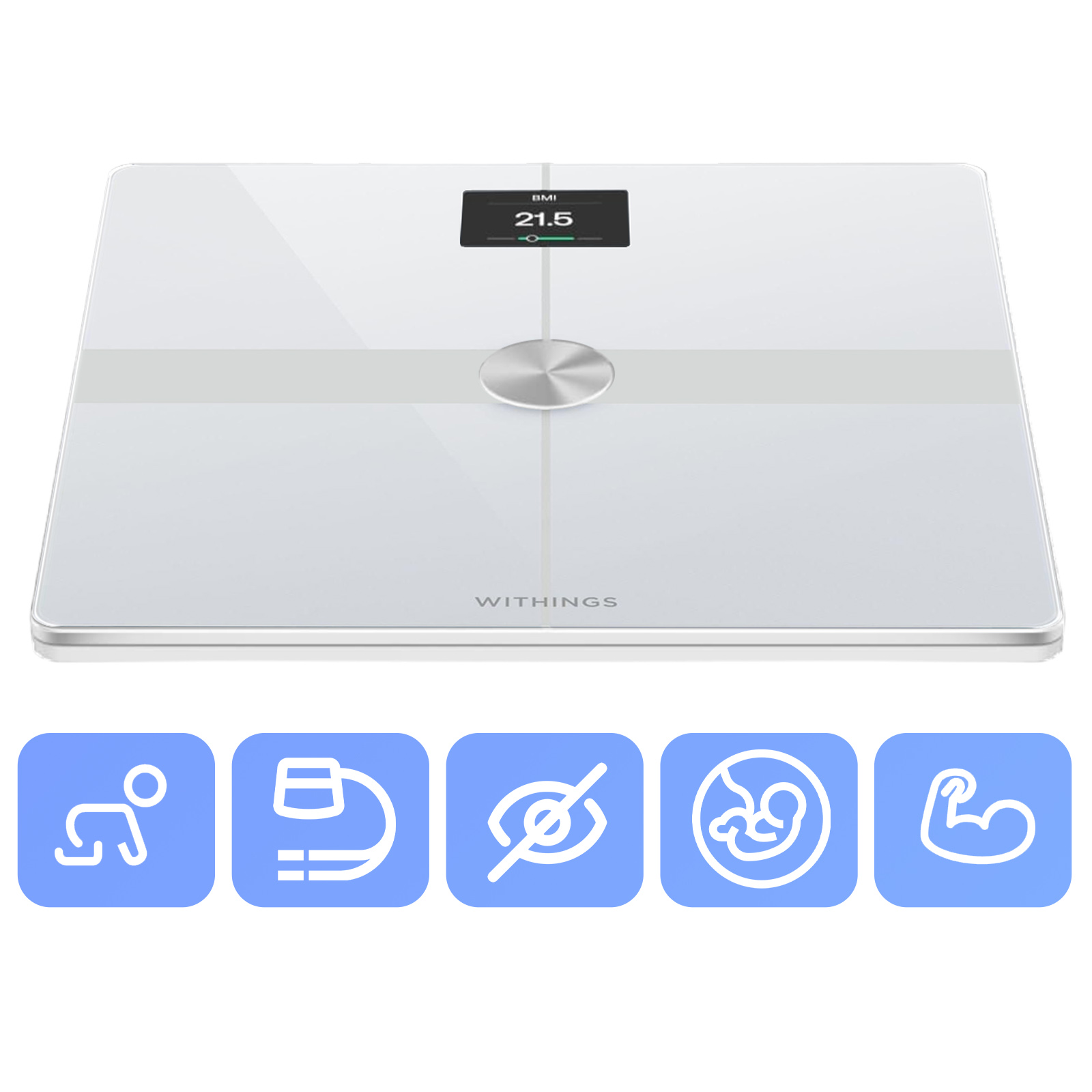 Biała inteligentna waga z BMI 21.5. Niebieskie ikony poniżej.